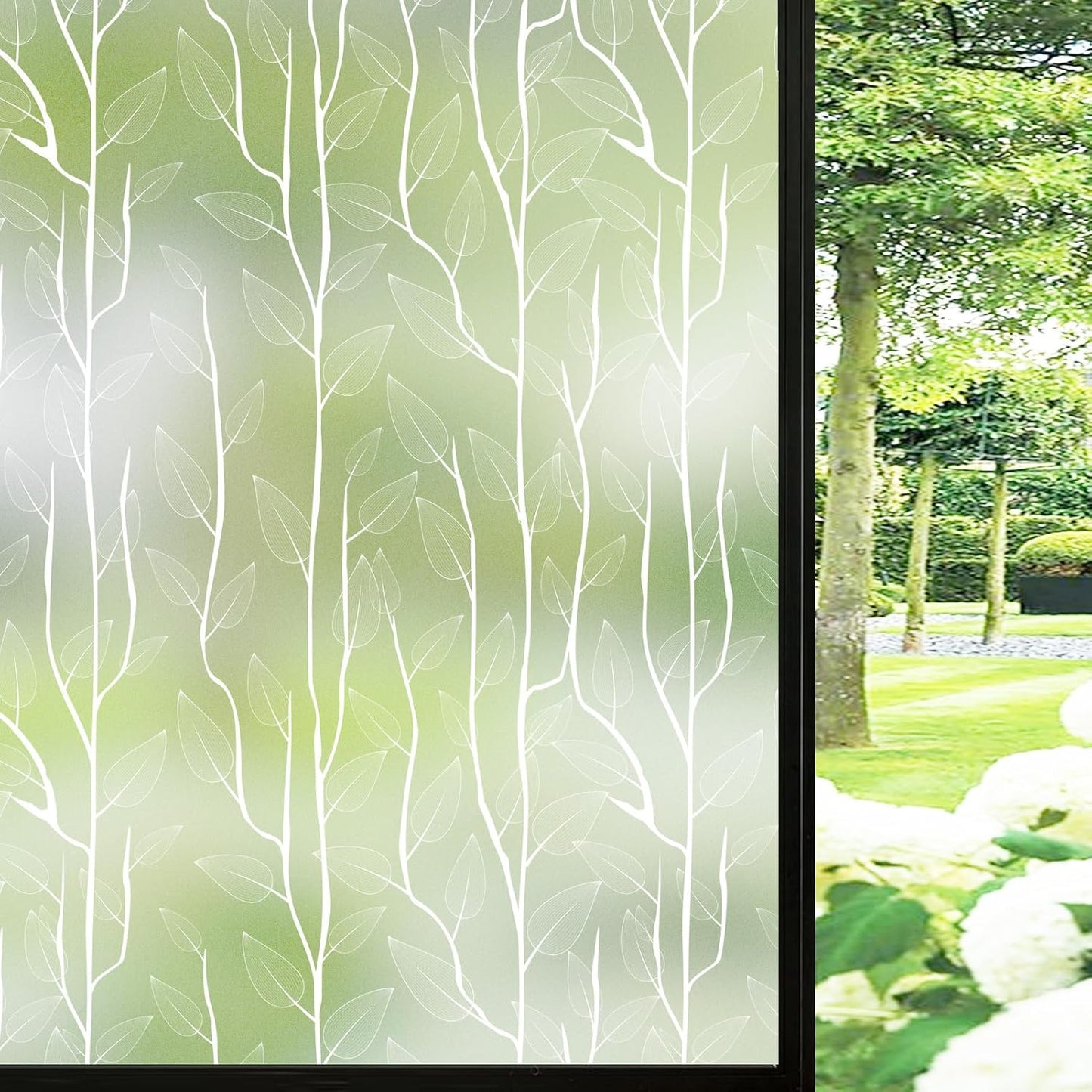 DKTIE Nordic Leaves Window Privacy Film Decorative Stained Glass Sun Blocking Heat Control with Free Installation Tools, Privacy Window Film Day and Night (White, 17.7'' x 118.1'')
