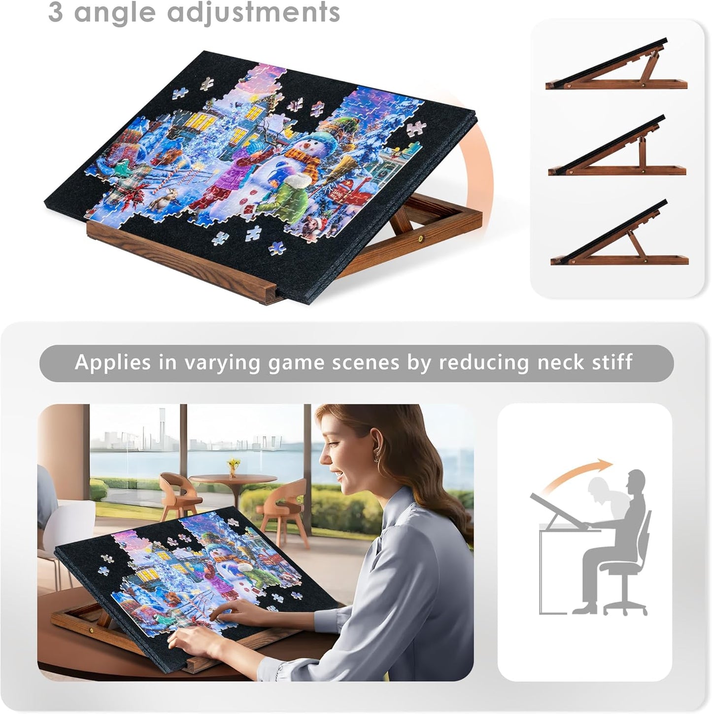 Tektalk Foldable Jigsaw Puzzle Board with 3 Angle Adjustable Bracket/Stand, Lightweight Portable Puzzle Mat Plateau with Wooden Easel, Foldaway Felt Puzzle Table, for Up to 1000 Pieces - Black
