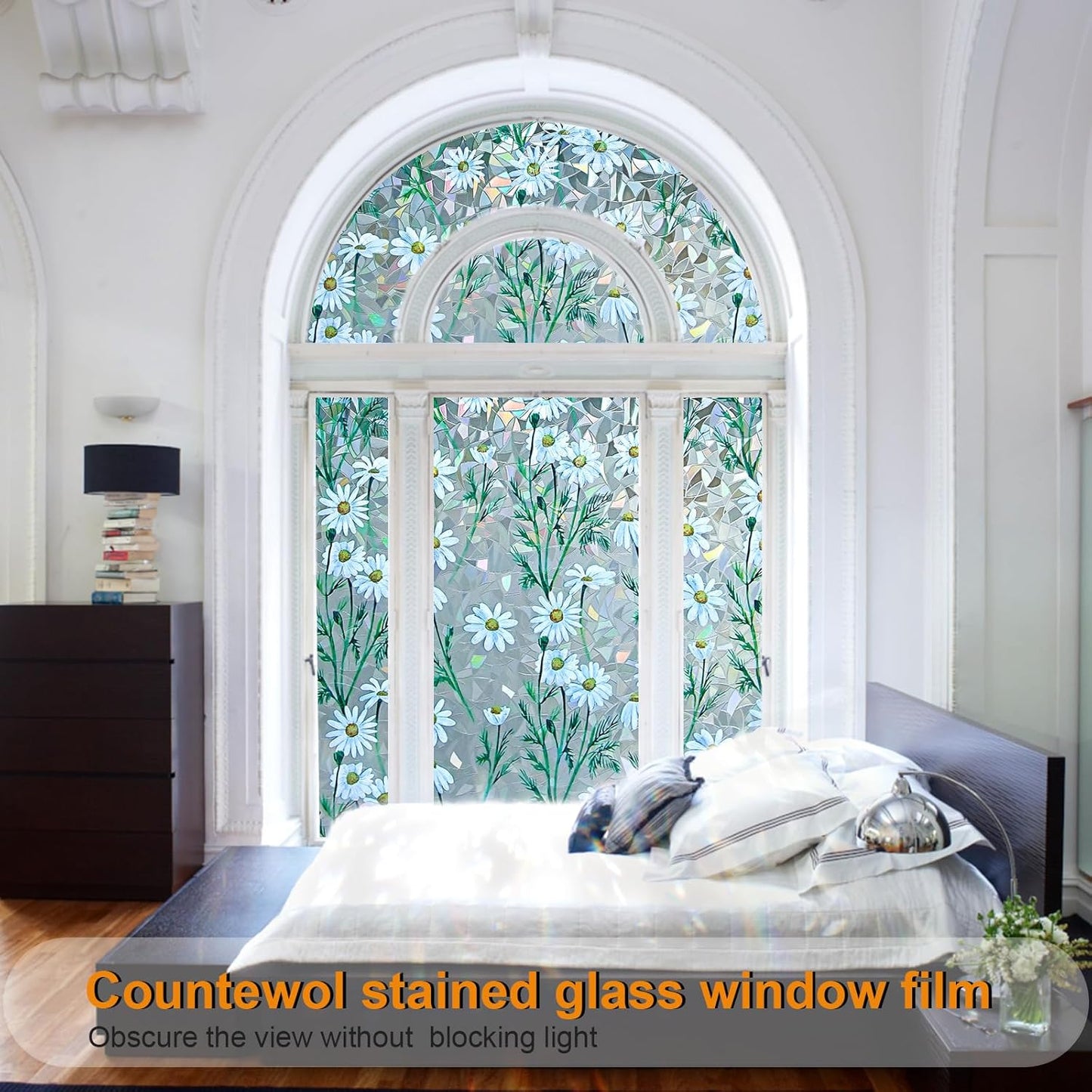 Window Privacy Film Stain Glass Window Film Rainbow Window Film Window clings Non-Adhesive Reusable Decorative for Room (Daisy Rainbow, 45.2 x 78.7 in)