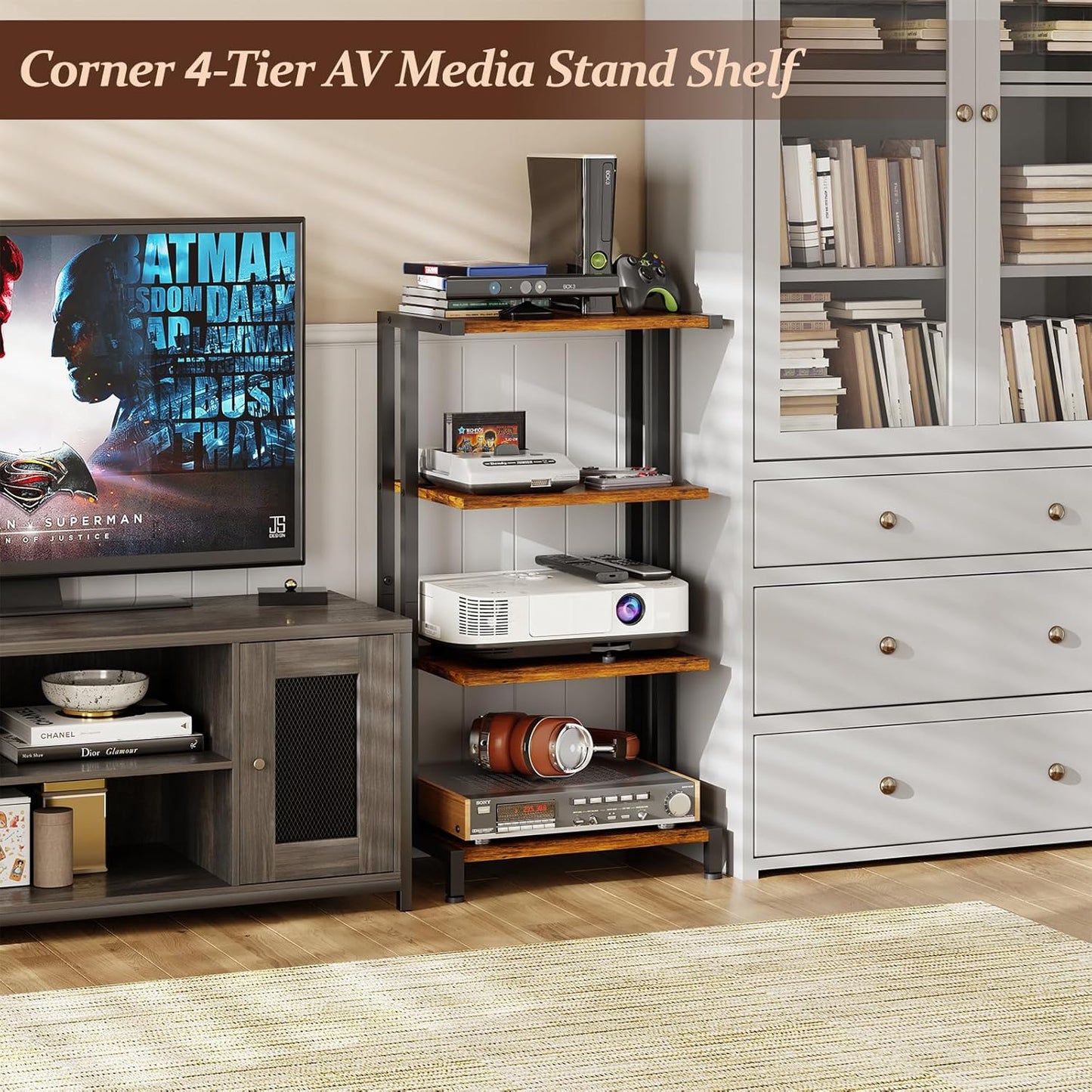 X-cosrack 4-Tier AV Media Stand Corner Shelf Wooden Corner Shelves Component Cabinet Stereo Audio Rack Stand Tower Perfect for DVD Players:Game Console:TV Box:Cable Box:WiFi Router
