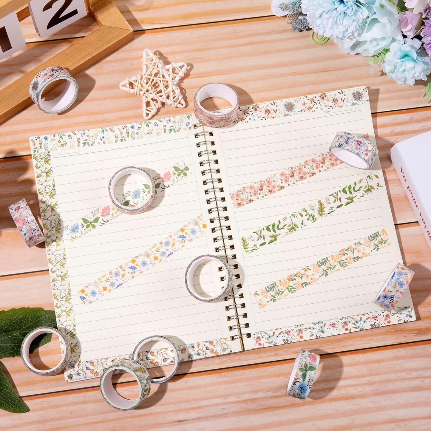 Whaline 12 Rolls Spring Floral Washi Tape Foil Gold Colorful Flowers Masking Tape 15mm Watercolor Plants Spring Decorative Washi Tape Sticker for Holiday Scrapbook Journal DIY Craft Gift Wrapping