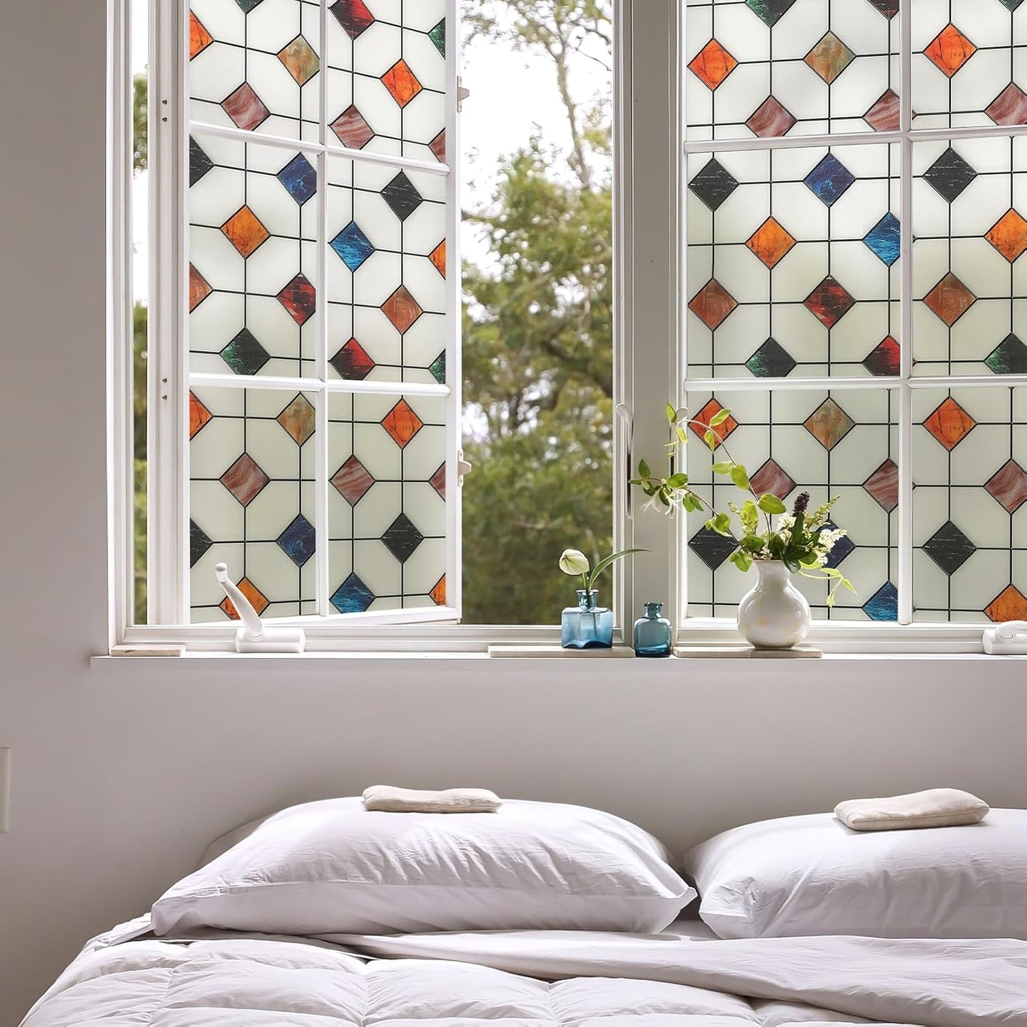 DKTIE Stained Glass Window Film Geometric Patterns, Fine Frosted Window Clings for Glass Windows, Waterproof for Bathroom Window Privacy Film Day and Night (S533, 17.7in X 78.7in)