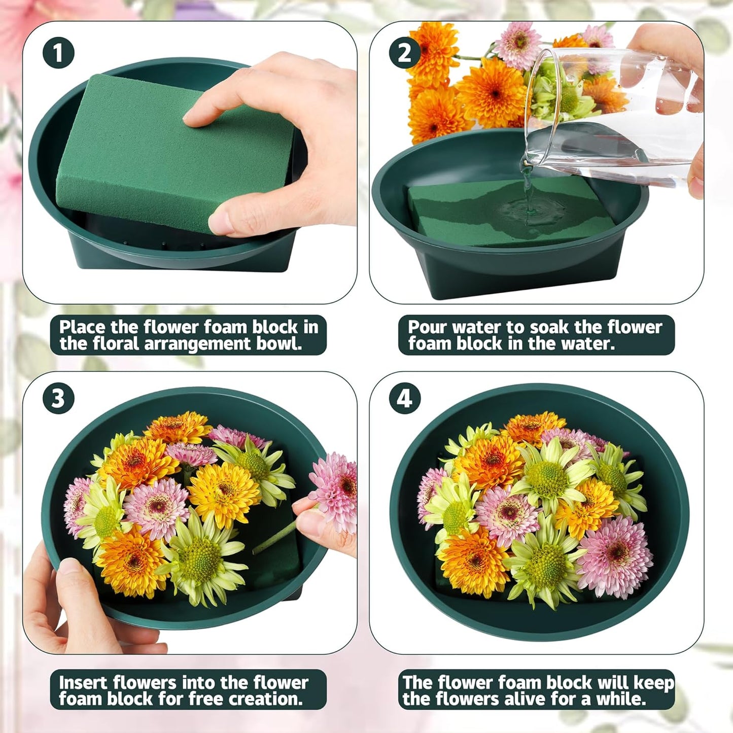 16 Sets Flower Foam Blocks with Bowl Kit Square Floral Foam Blocks Floral Arrangement Round Bowls DIY Floral Foam for Flower Arrangements Birthday Wedding Party Decoration Table Centerpiece