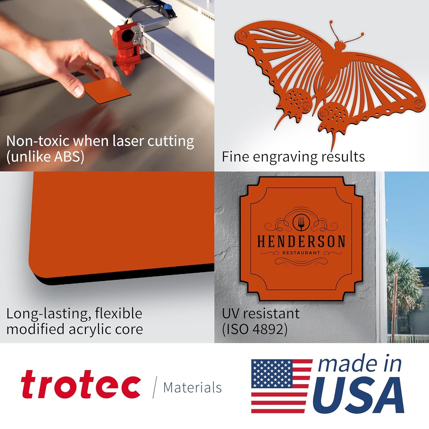 Trotec TroLase | 12"x20"x1/16", 4 Pcs | Orange/Black| 2 Ply | Modified Acrylic | Laser Engraving Double Color Plastic Sheet | Engraving Blanks for Laser, Saw, Guillotine | Made in USA