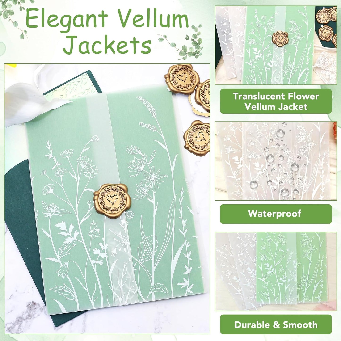 SWANGSA 50 Pack Vellum Jackets for 5x7 Invitations, Elegant White Wildflower Vellum Paper, 115GSM Translucent Invitation Sleeve Wraps for Wedding Bridal Baby Shower Birthday Envelopes