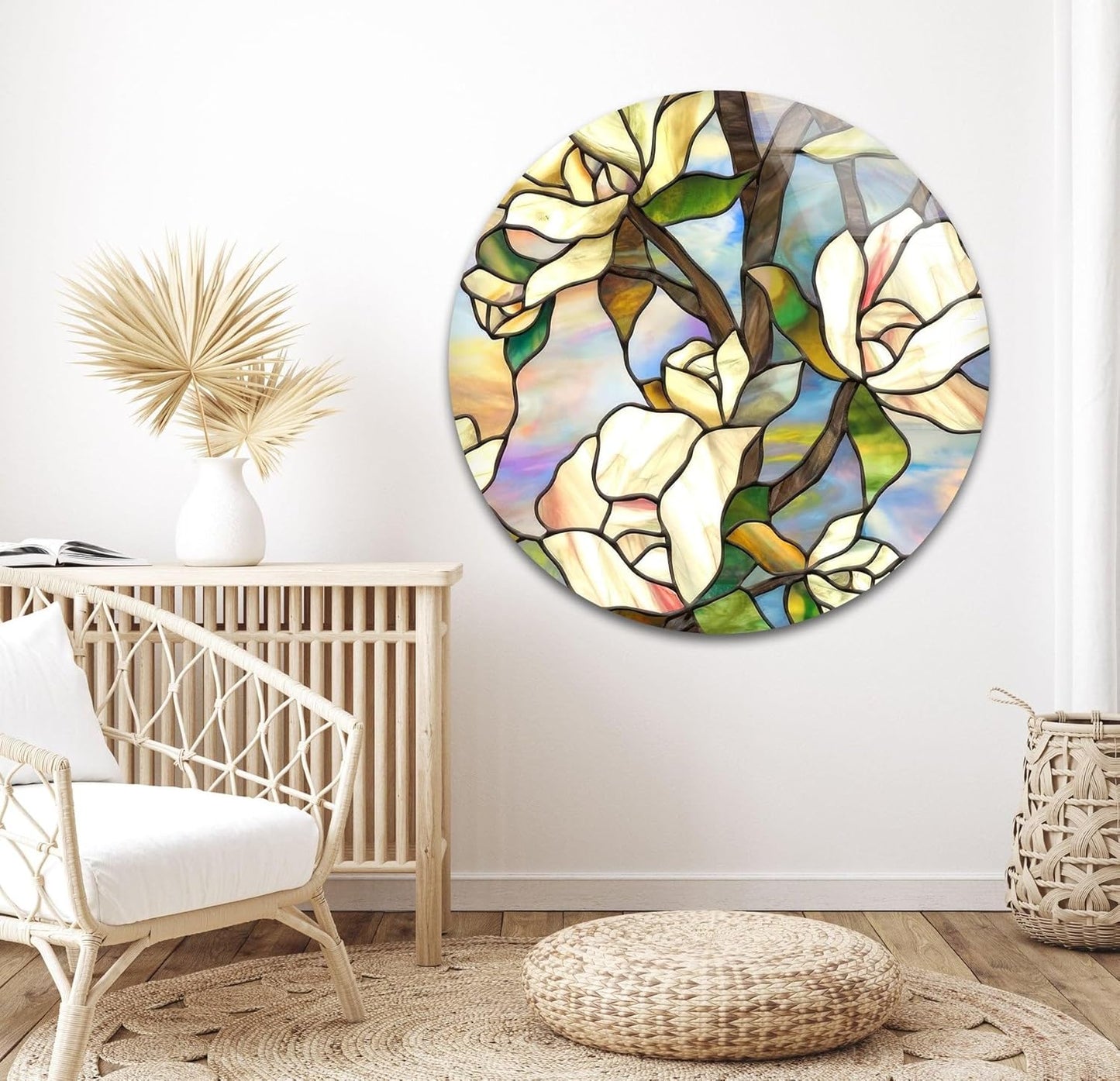 My Photostation.com Round 31,5'' Stained Magnolia Glass Wall Art Tempered Glass Printing Wall Decor Large Wall Art Wall Hangings