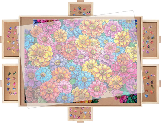 1500 Pieces Rotating Puzzle Board with 6 Drawers, Lazy Susan & Transparent Cover, 34.2"x25.2" Portable Wooden Jigsaw Puzzle Board, Great Gift for Puzzle Enthusiasts
