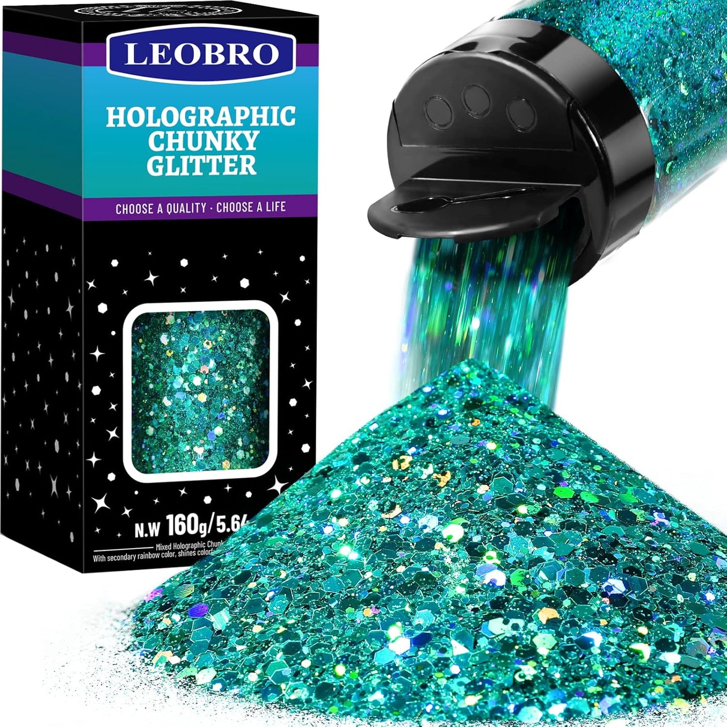 LEOBRO Blue Glitter, 160G/5.64OZ Holographic Chunky Glitter for Crafts, Resin, Body Nail, Tumblers,Party Decorations, (Peacock Blue)