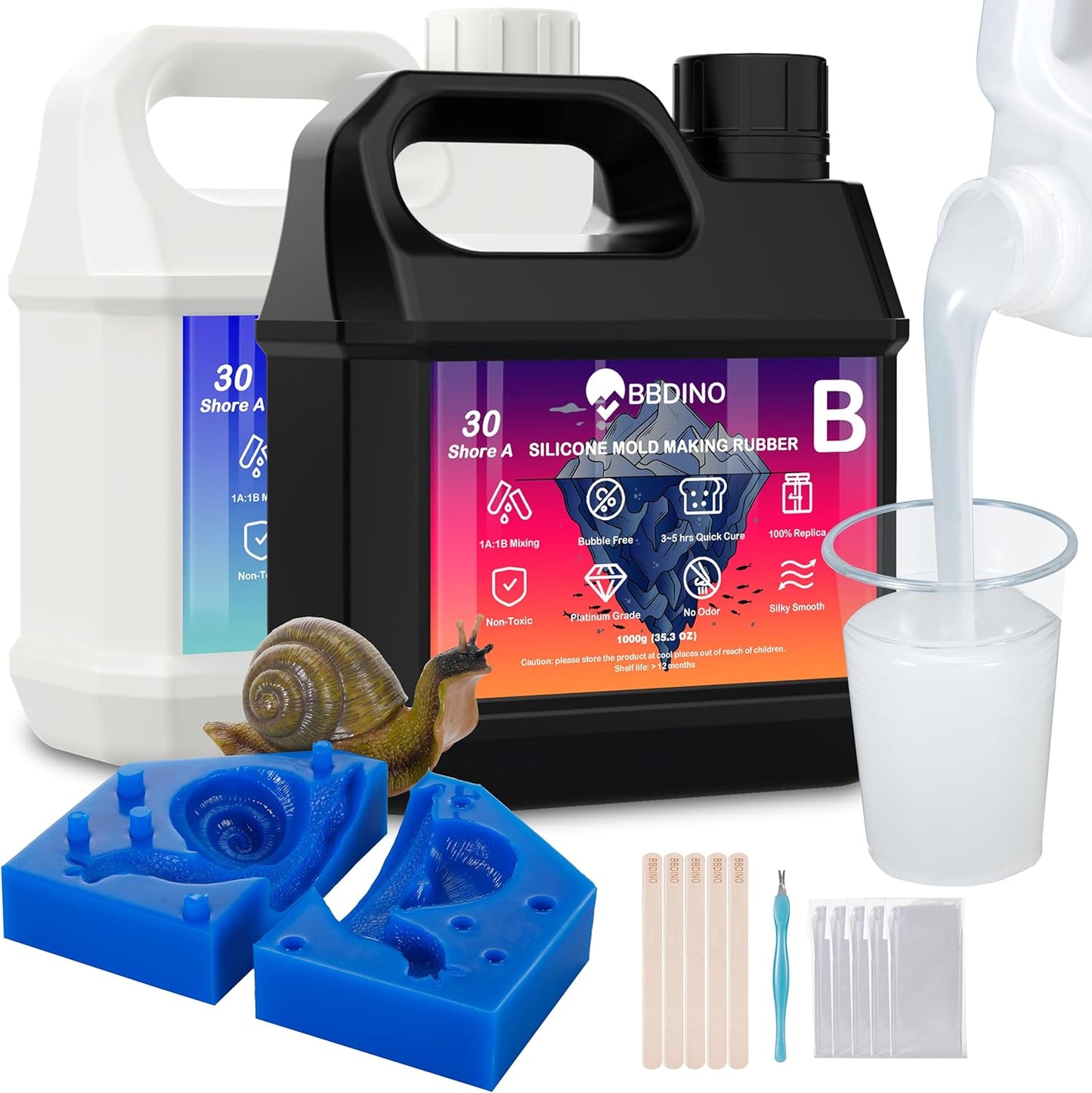 BBDINO Silicone Mold Making Kit 30A 4.4 lbs Translucent, High Strength Liquid Silicone Rubber for Molds Making,1:1 by Volume Ideal for Casting Resin/Silicon/Soap/Concrete Molds