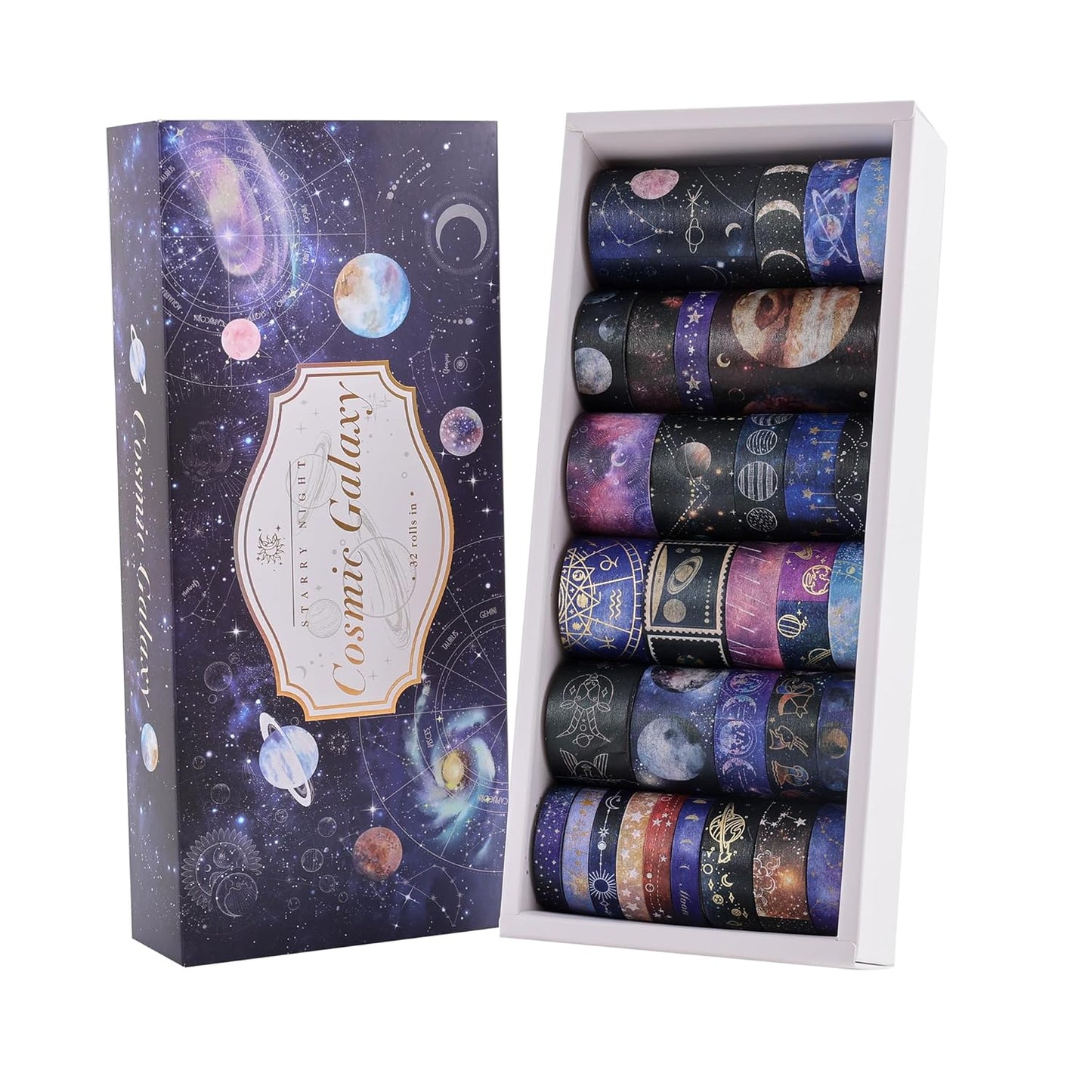 32 Rolls Washi Tape Set, Gold Foil Galaxy Decorative Masking Tape Constellation, Stars, Celestial, Adhesive Tape for Bullet Journal, Diy Craft, Scrapbooking Supplies, Gift Wrapping, Party Decoration