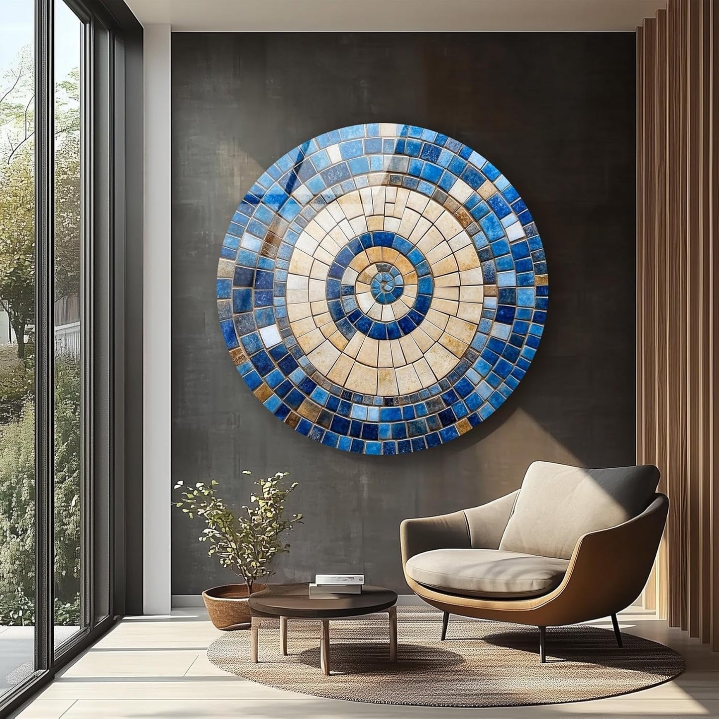 My Photostation.com 24''(60cm) Diameter Coastal Sunburst Beige & Blue Round Glass Wall Art Tempered Glass Printing Wall Decor Large Wall Art Wall Hangings