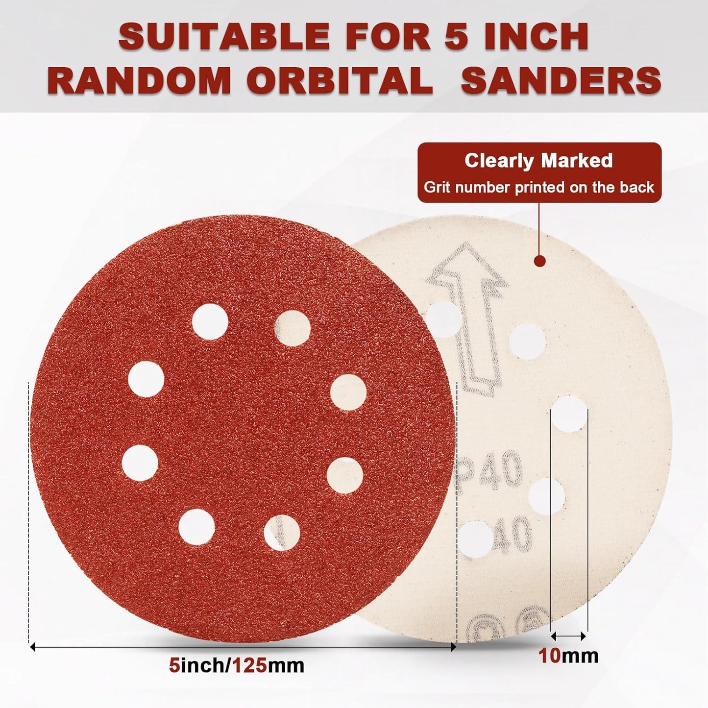 120 PCS 5 Inch Sanding Discs 40 Grit, 8 Hole Aluminum Oxide Hook and Loop Round Sandpaper for Random Orbital Sander