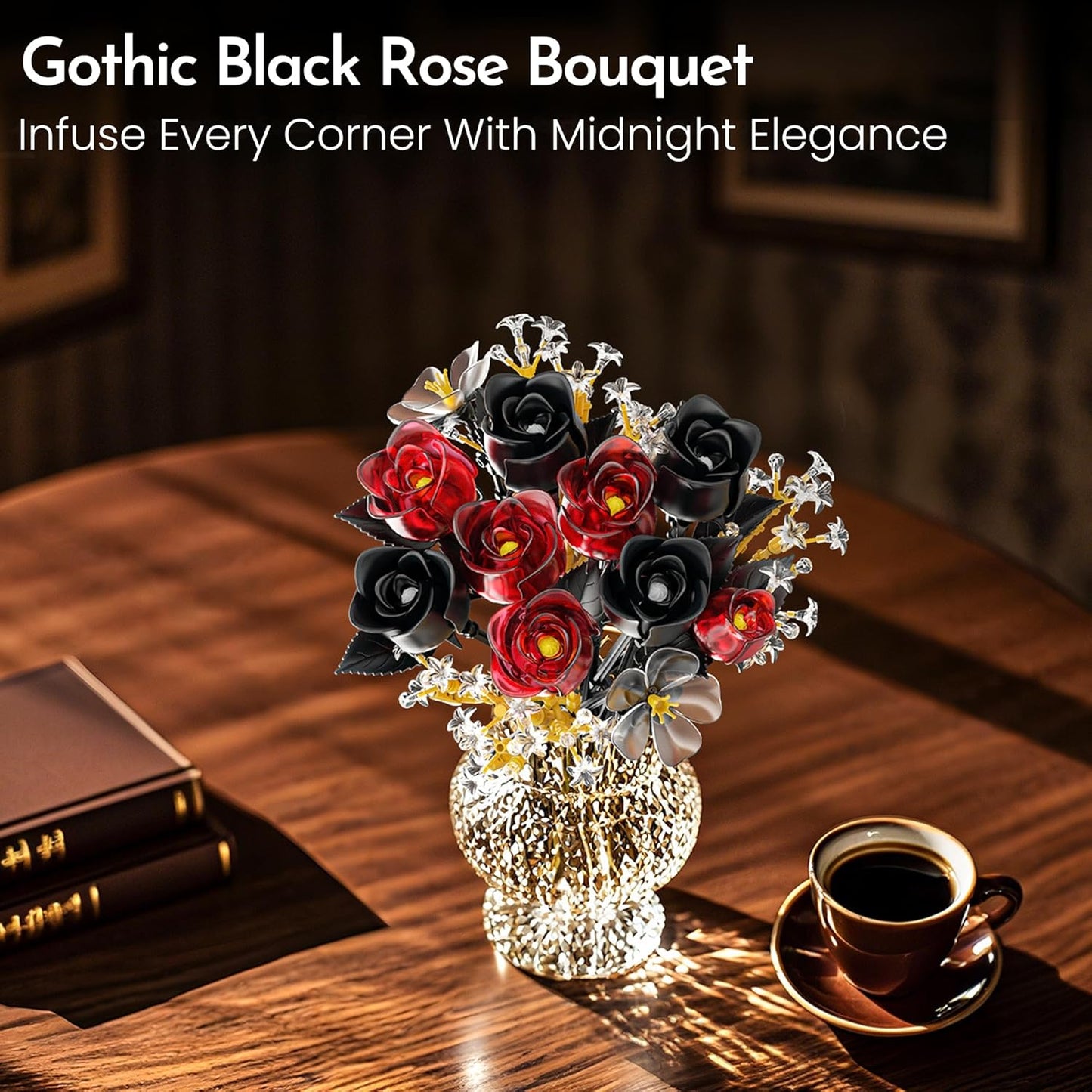 Rose Flower Bouquet Building Set for Adults, Halloween for Women Teen Girlfriend, Artificial Floral Botanicals Collection Gothic Decor for Home or Office (414 PCS)
