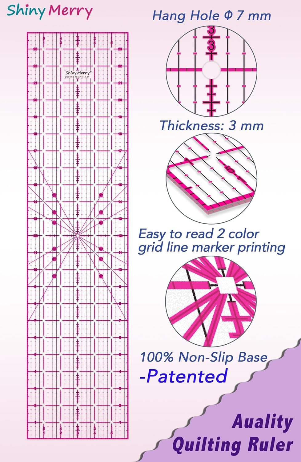 Quilting Ruler 6"x24",Non-Slip Clear Acrylic Sewing Ruler with Easy-to-Read Grid,Pink & Black Grid Design,Perfect for Fabric,Patchwork,Cutting & Sewing Crafts,Durable Tool for Quilting
