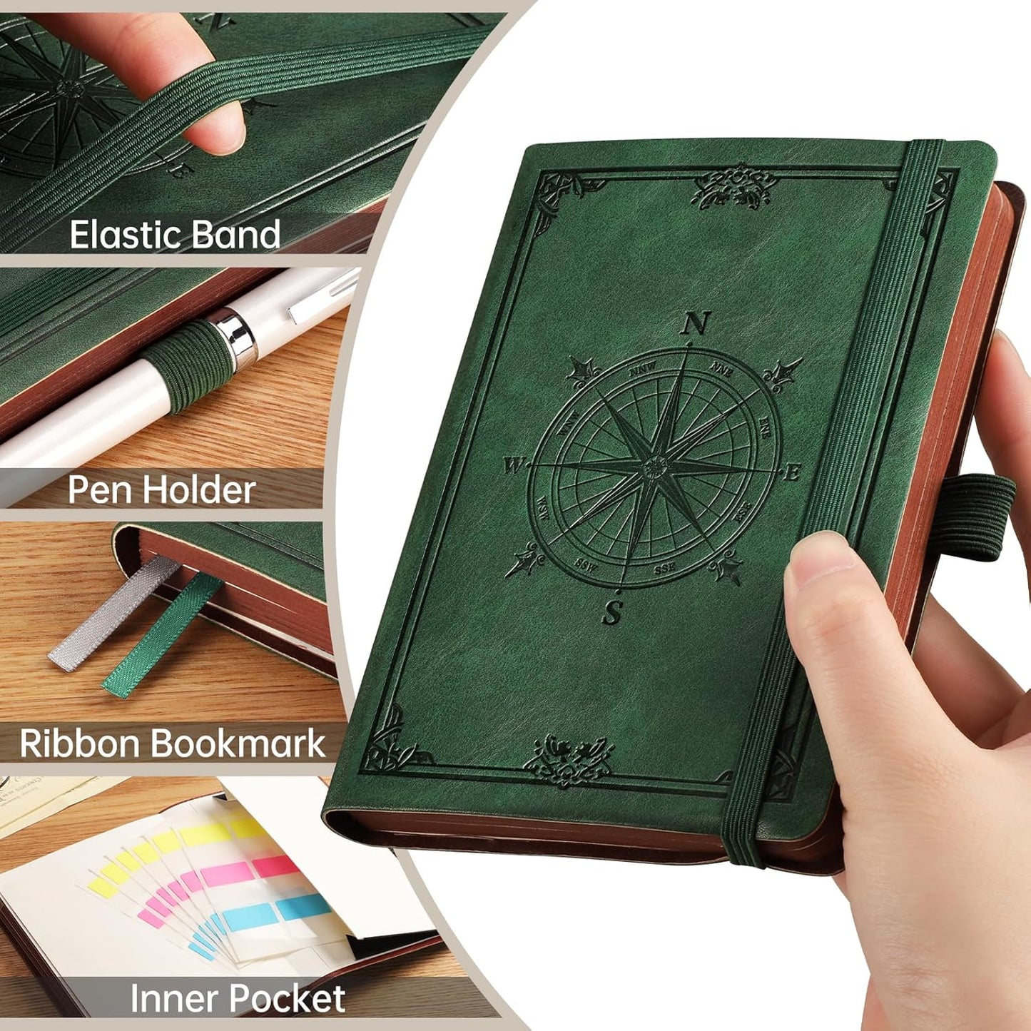 AHGXG Small Blank Pocket Journal Notebook for Men - 256 Numbered Pages B6 Mini Journal, Vintage Soft Leather Hardcover, 80gsm Paper, for Women Work Office School, 4.1'' X 5.7''- Dark Green