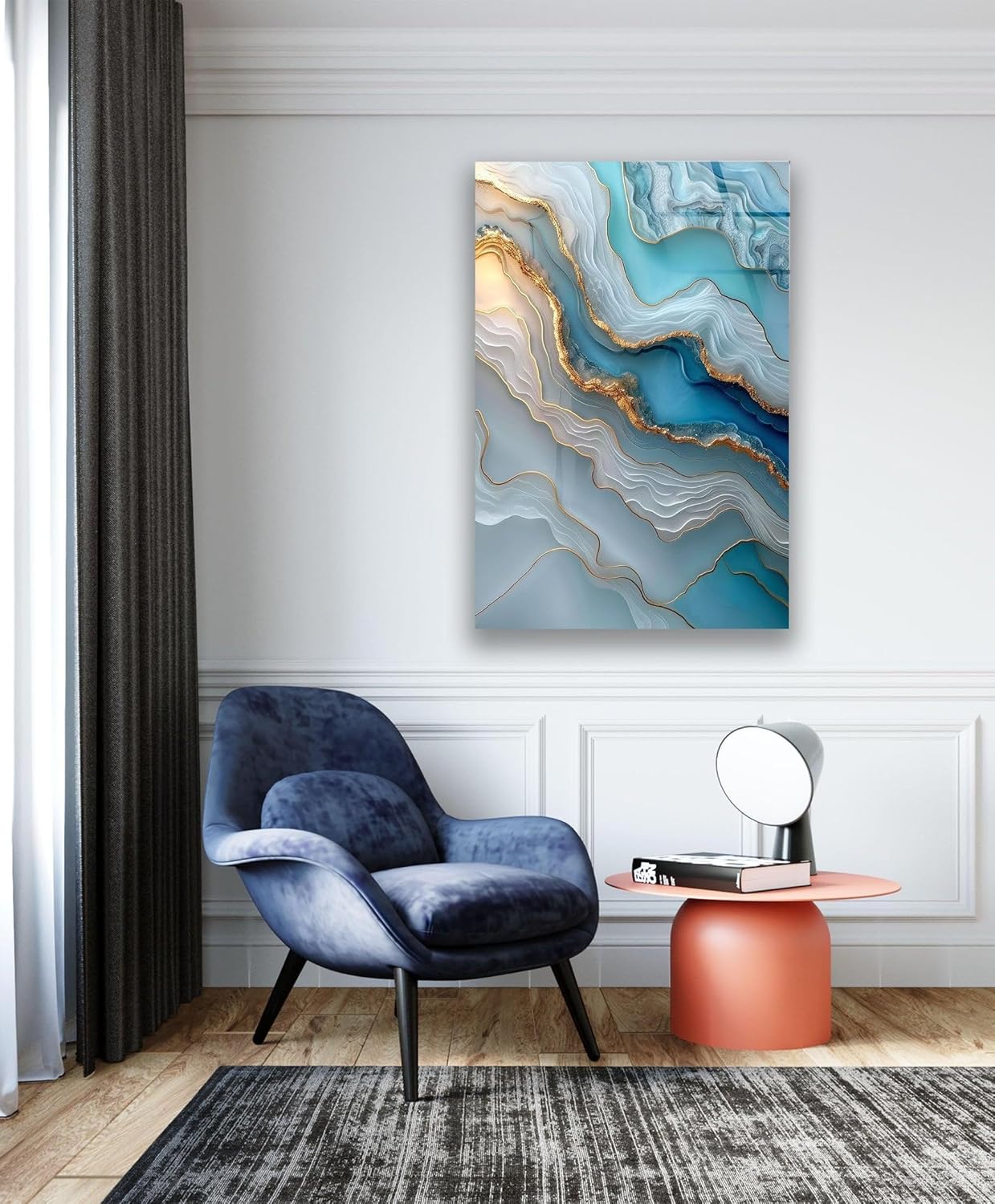 My Photostation.com 18Wx28H'' Turquoise and Blue Alcohol ink Glass Wall Art Tempered Glass Printing Wall Decor Large Wall Art Wall Hangings