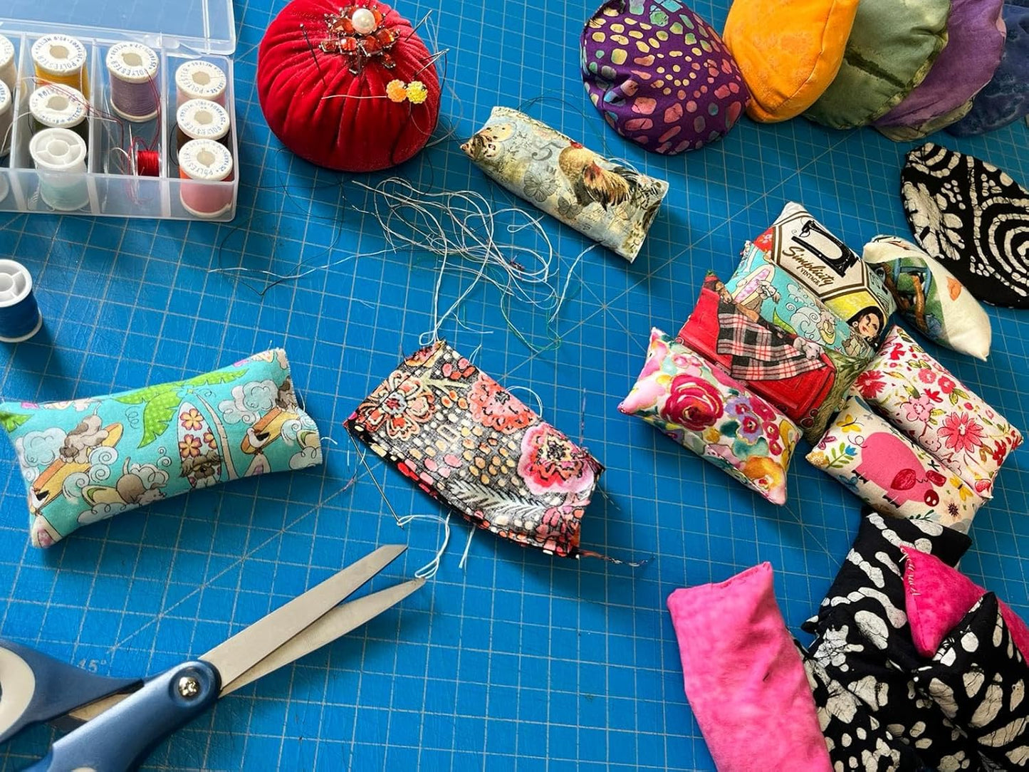 Emery Pin Cushion for Sewing - Pincushion Filled with Abrasive Emery Sand - Handmade in USA - Cute Flowers on White Polka dot Aqua Blue Pastel Color Background (2"x3", Aqua Blue Retro Floral)