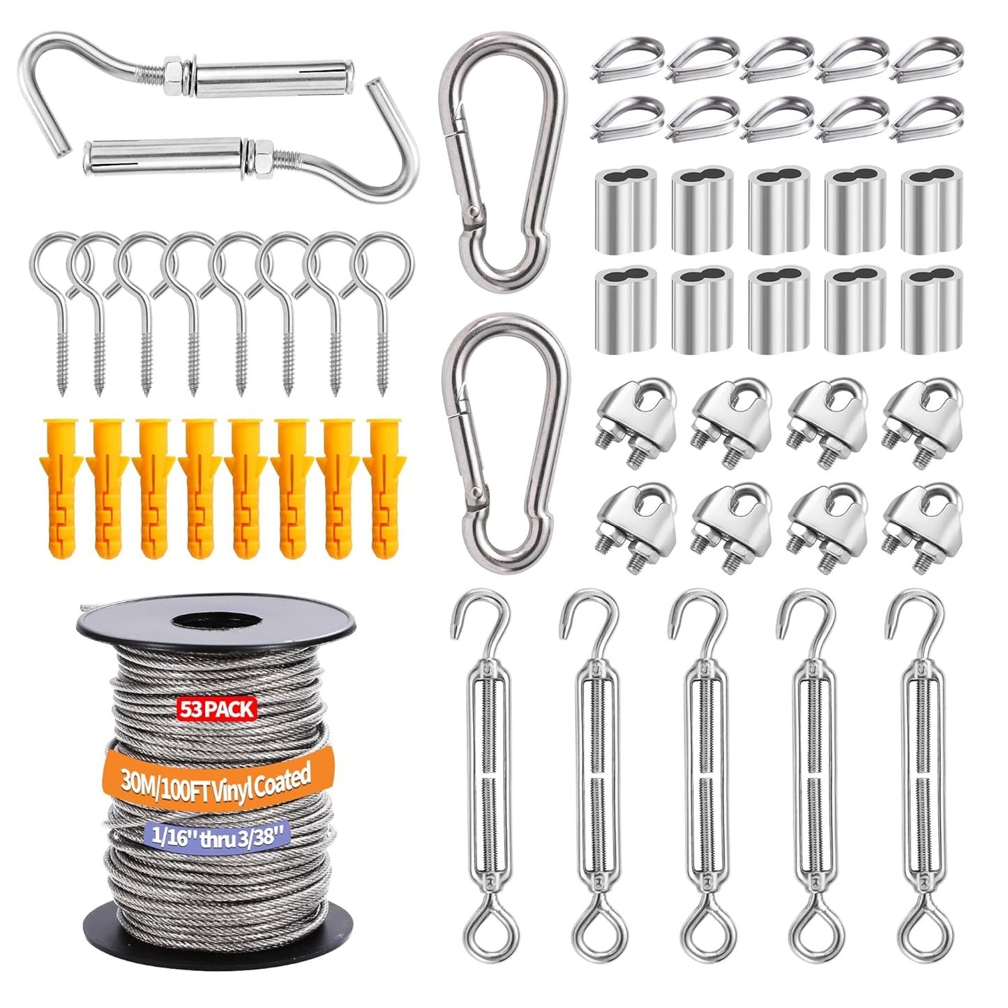 1/16" Wire Rope Kit,30M/100FT Vinyl Coated 304 Stainless Steel Cable,String Light Hanging Kit with Turnbuckle for Outdoor,Garden Wire(55 Pack)