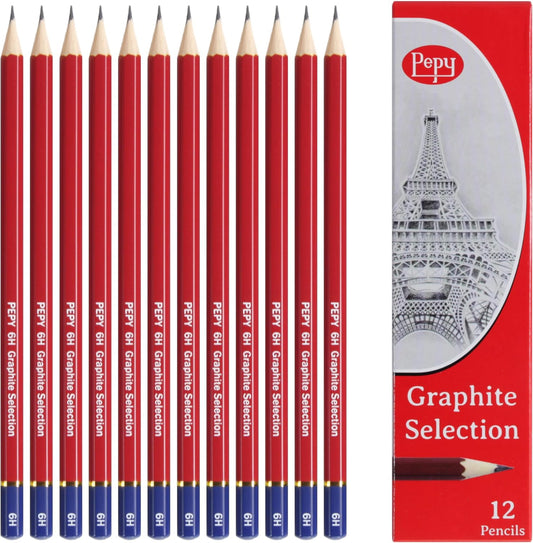 Pepy Graphite Professional Drawing Pencils - Set of 12 6H Pre-Sharpened Black Lead Pencils; Perfect for Drawing, Sketching and Shading, Graphic and Fine Art