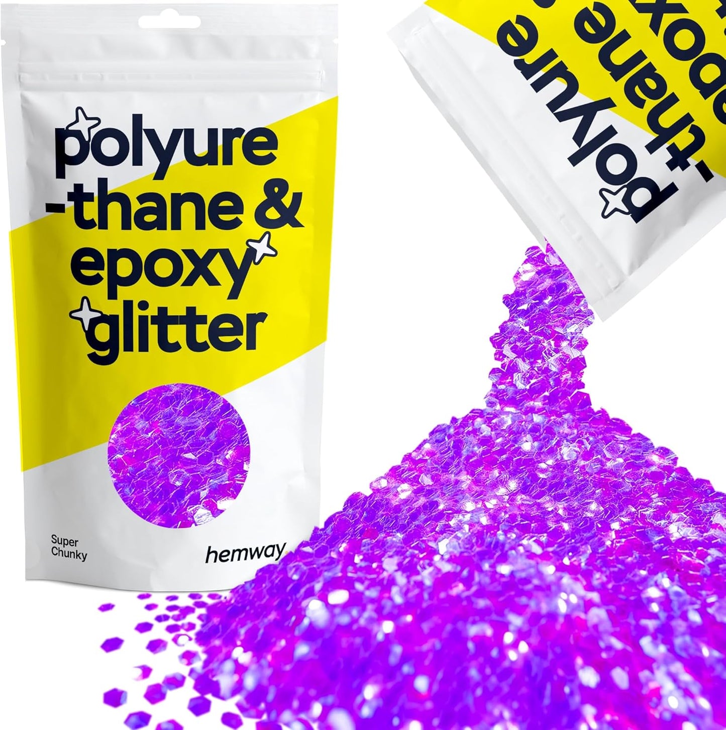Hemway Polyurethane & Epoxy Resin Glitter 100g / 3.5oz Metallic Crystal Flake Additive for Flooring Jewelry Tumblers Glass Pigment - Super Chunky (1/8" 0.125" 3mm) - Fluorescent Purple