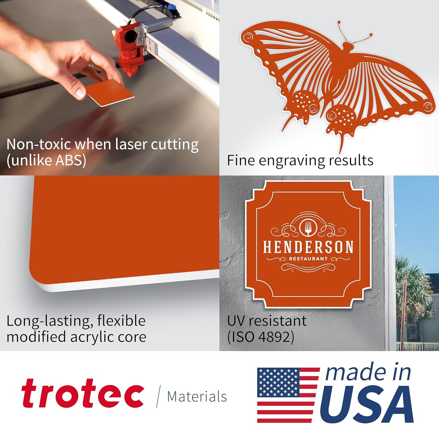 Trotec TroLase | 12"x24"x1/16", 4 Pcs | Orange/White | 2 Ply | Modified Acrylic | Laser Engraving Double Color Plastic Sheet | Engraving Blanks for Laser, Saw, Guillotine | Made in USA
