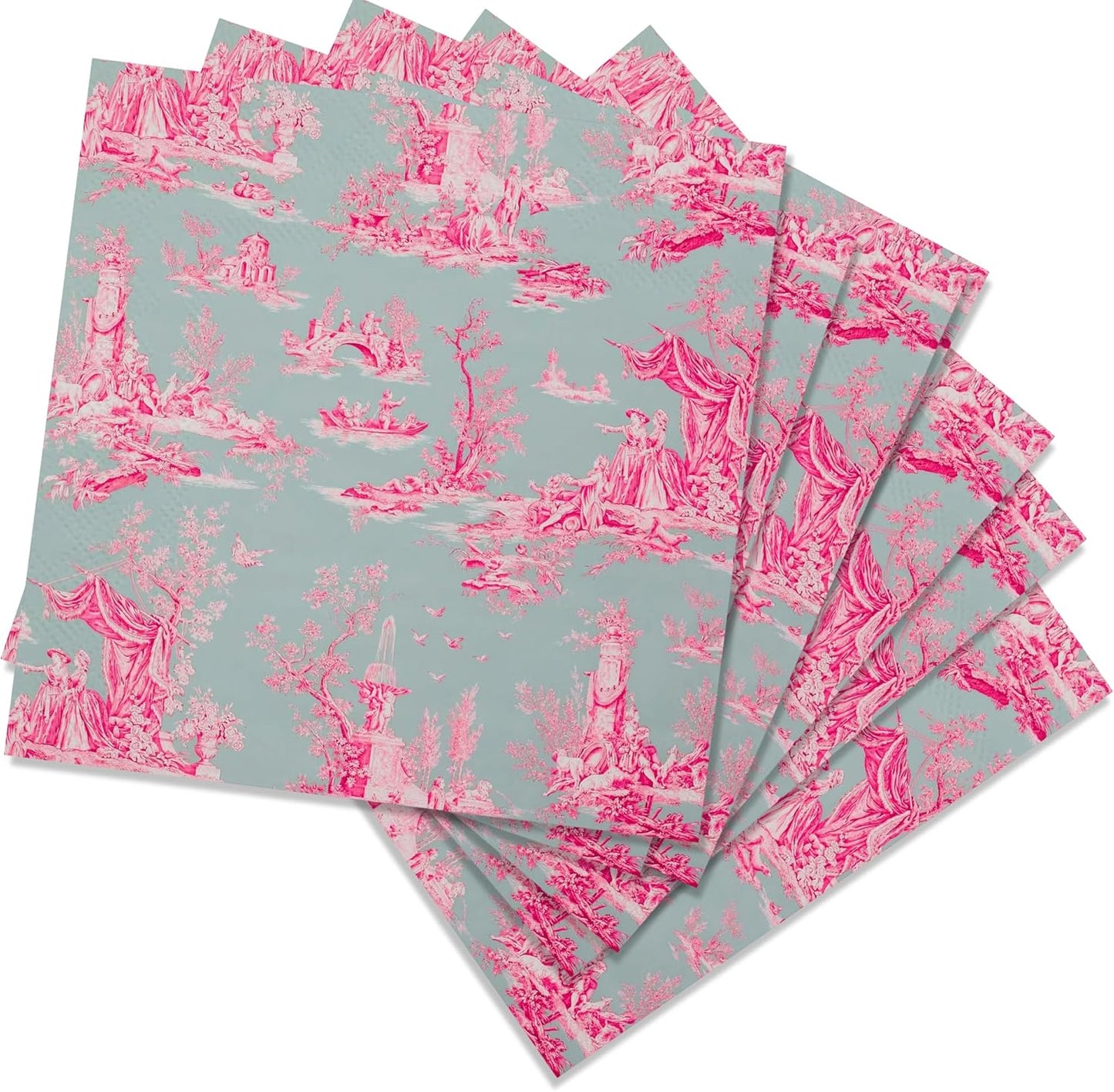 Stxy's (3ply) 60ct Pink Toile Paper Napkins Vintage Cocktail Napkins for Girl or Boy Baby Shower, French Pink and Blue Toile Napkin Pack for decoupage, baby shower
