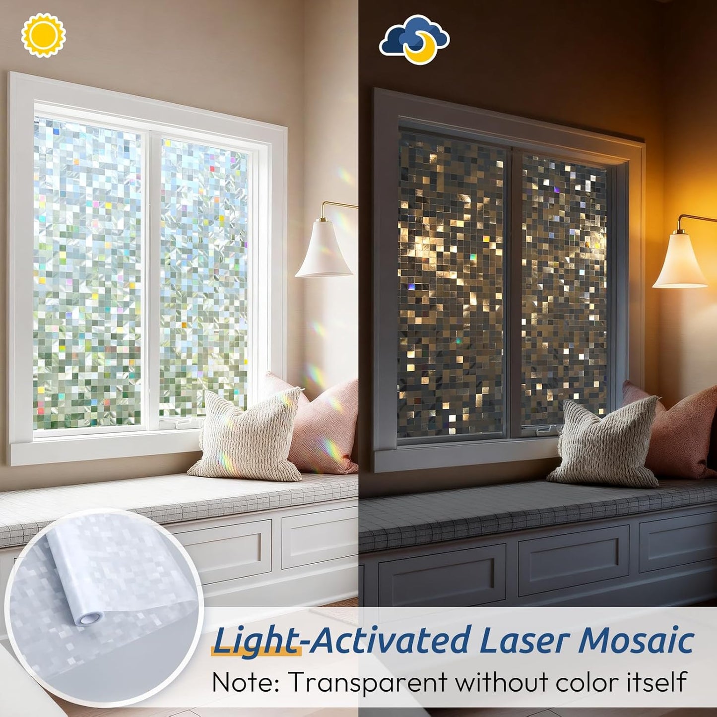 rabbitgoo Stained Glass Window Privacy Film Mosaic Pattern, Frosted Glass Window Film Rainbow Decorative Sticker, Static Cling UV Blocking Suncatcher for Home, 35.4 x 78.7 Inches