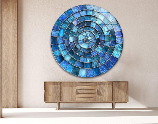 My Photostation.com 27.5''(70cm) Diameter Blue Aqua Spiral Harmony Round Glass Wall Art Tempered Glass Printing Wall Decor Large Wall Art Wall Hangings
