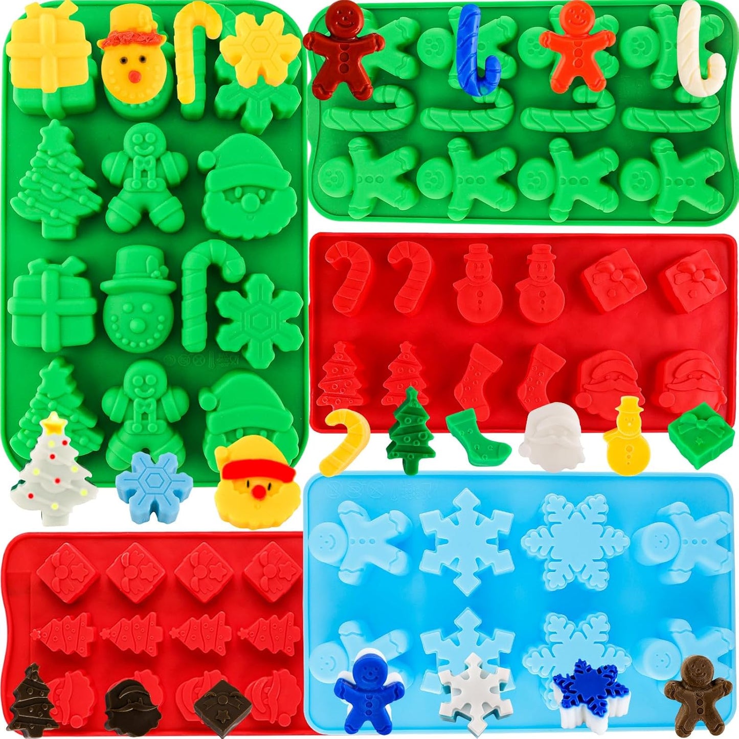 Christmas Silicone Molds Christmas Chocolate Molds Candy Molds for Baking Sweet Treats,Cake Xmas Gift Handmade Soap Candles with Shape of Christmas Tree, Santa Head Party Decoration Red,Green,Blu