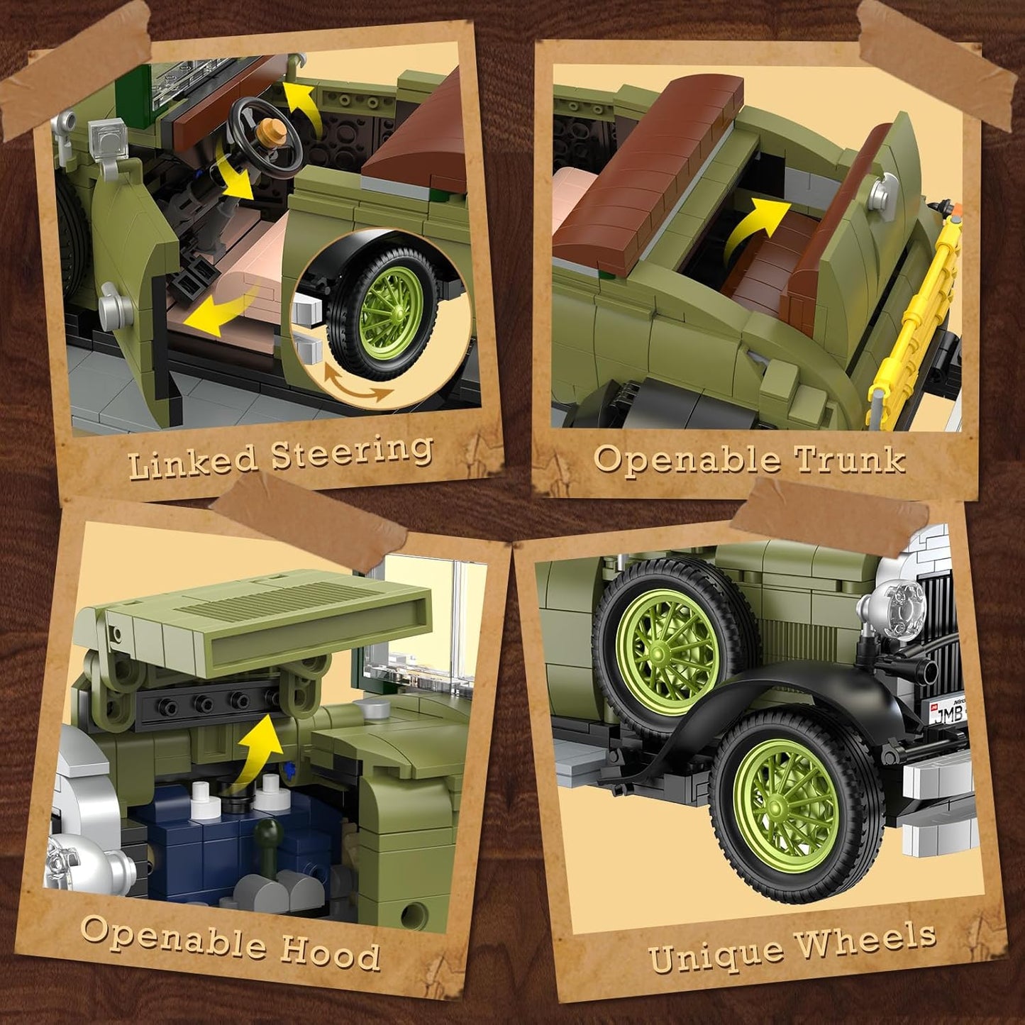 JMBricklayer Vintage Cars Building Sets for Adults with Lights 50001, Classic Retro Model Car Kits, Antique Cars Collectible Display Decorations, Building Toys Gifts for Men Women Boys Girls(1297 PCS)