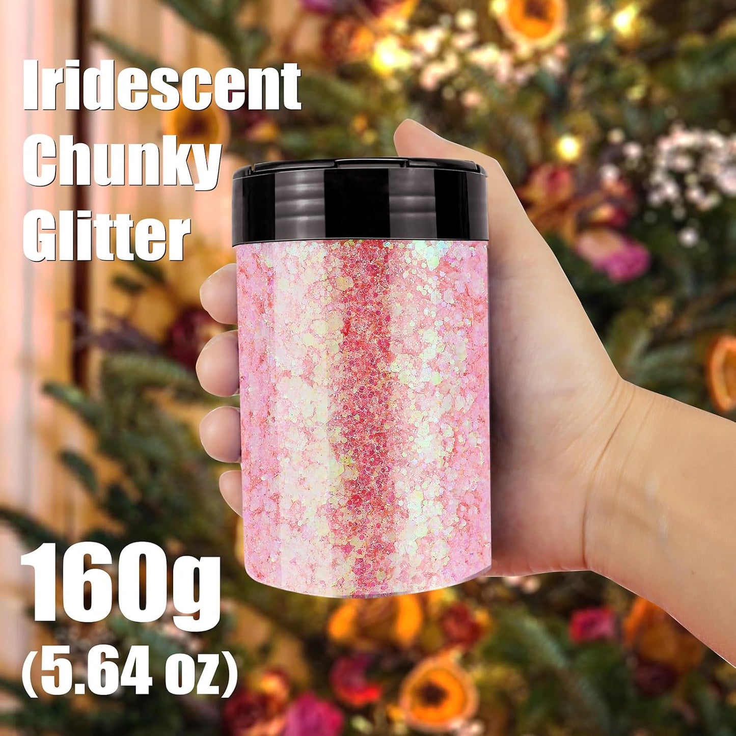 Iridescent Chunky Glitter 5.64oz/160g, Ultra Fine Glitter Powder Mixed Chunky PET Flakes Sequins for Resin Epoxy Craft Arts, Tumbler, Cosmetic Glitter for Body Nail Hair Eye Party Festival (Baby Pink)