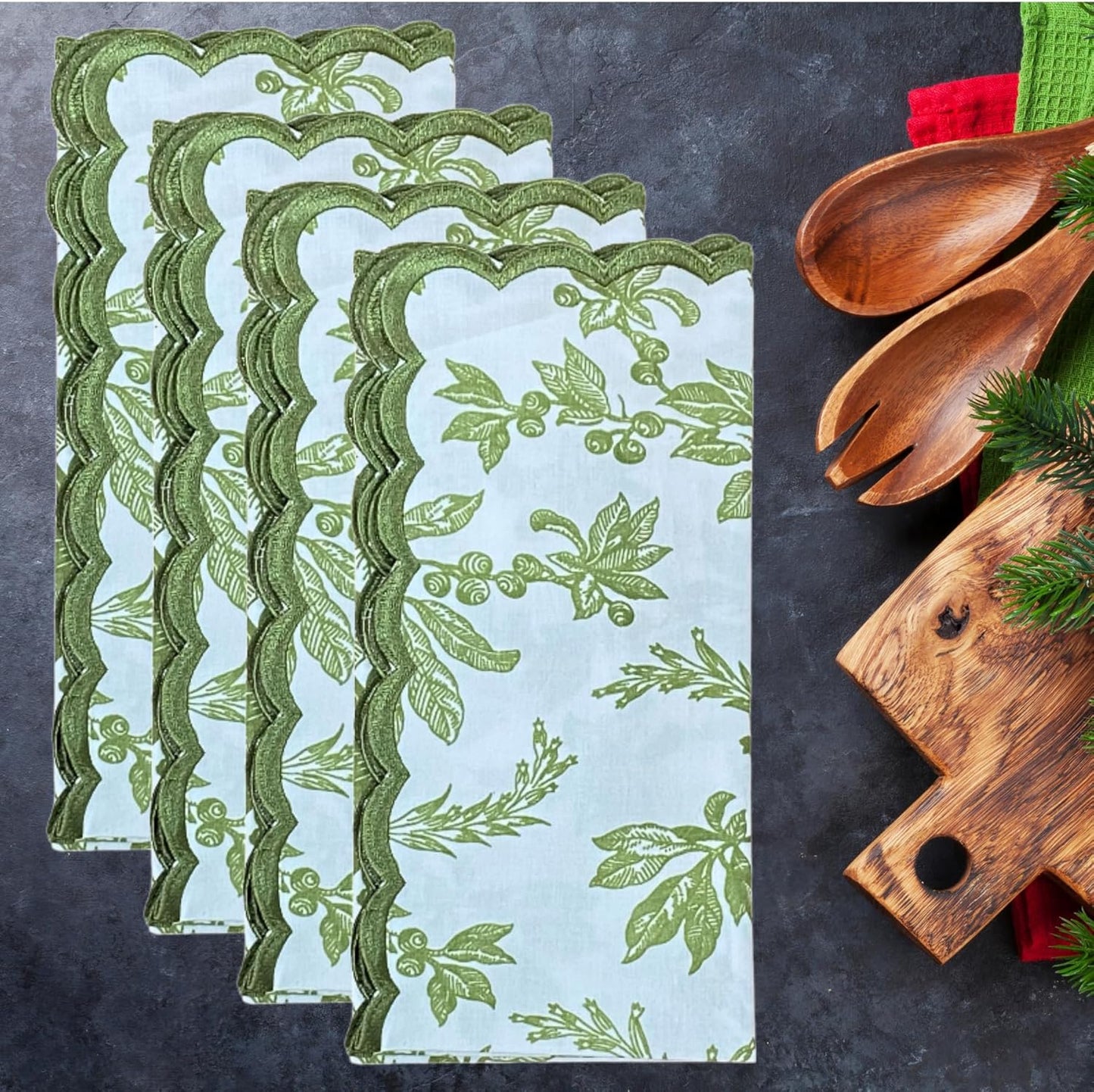 Ridhi Olive Green Hand Block Print Napkins 18" x 18" Set of 4 Reusable Cotton Dinner Napkins for Weddings, Parties & Everyday Dining, Thanksgiving, Christmas, Fall