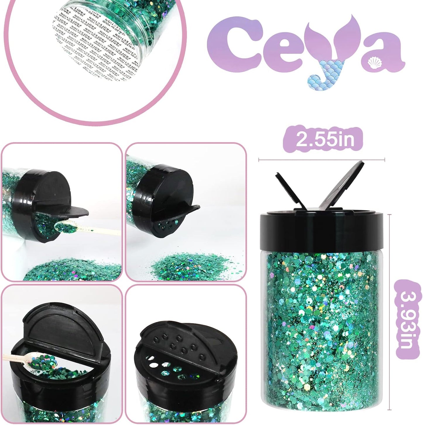 Ceya Holographic Chunky Glitter, 4.9oz/ 140g Spring Green Craft Glitter Powder Mixed Chunky & Fine Flakes Iridescent Nail Sequins for Nail, Hair, Epoxy Resin, Tumblers, Slime, Painting, Festival Decor