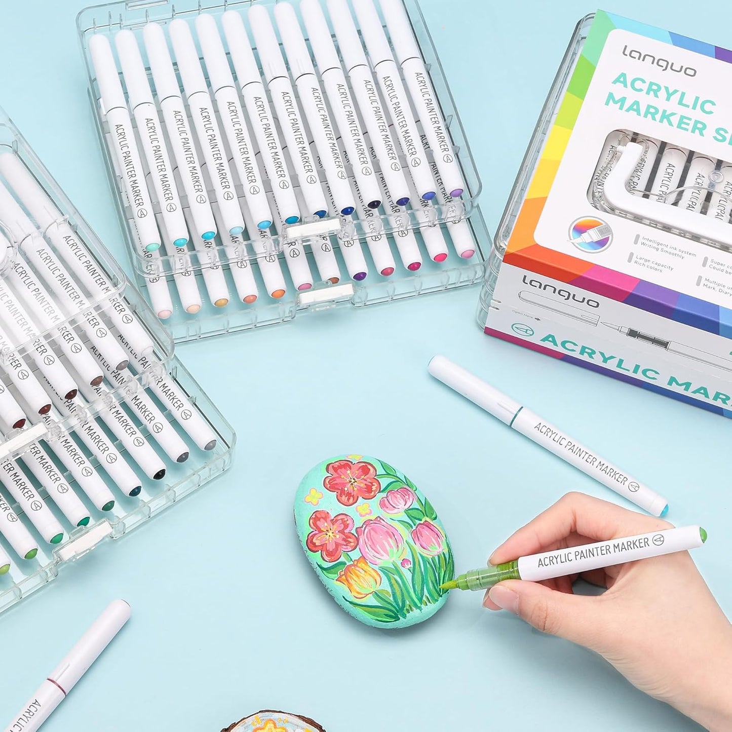 48 Colors Acrylic Paint Markers Pens Set, Soft Brush Tip Markers with Fast Drying & No-Bleed Ink, Acrylic Paint Pens for Rock, Wood, Egg, Ceramic, Fabric Painting, Art Supplies and DIY Crafts