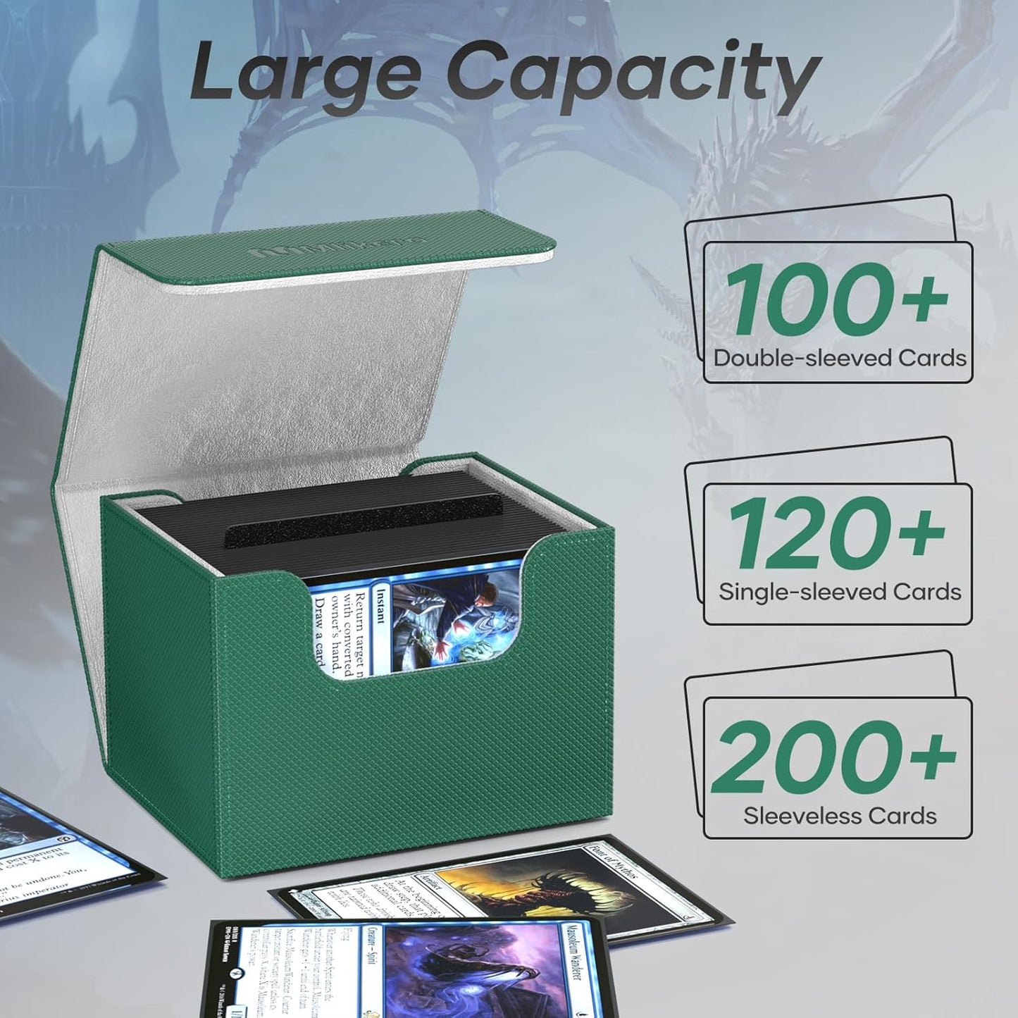Mlikero Card Deck Box, Commander Deck Box Holds 100+ Double-Sleeved Cards with Divider, Leather Magnetic Closure Card Box Fit for MTG, TCG (Green)