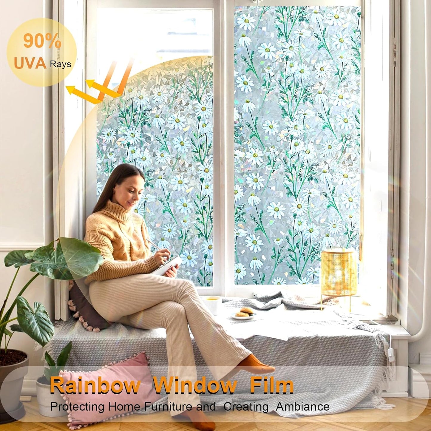 Window Privacy Film Stain Glass Window Film Rainbow Window Film Window clings Non-Adhesive Reusable Decorative for Room (Daisy Rainbow, 17.5 x 157.4 in)