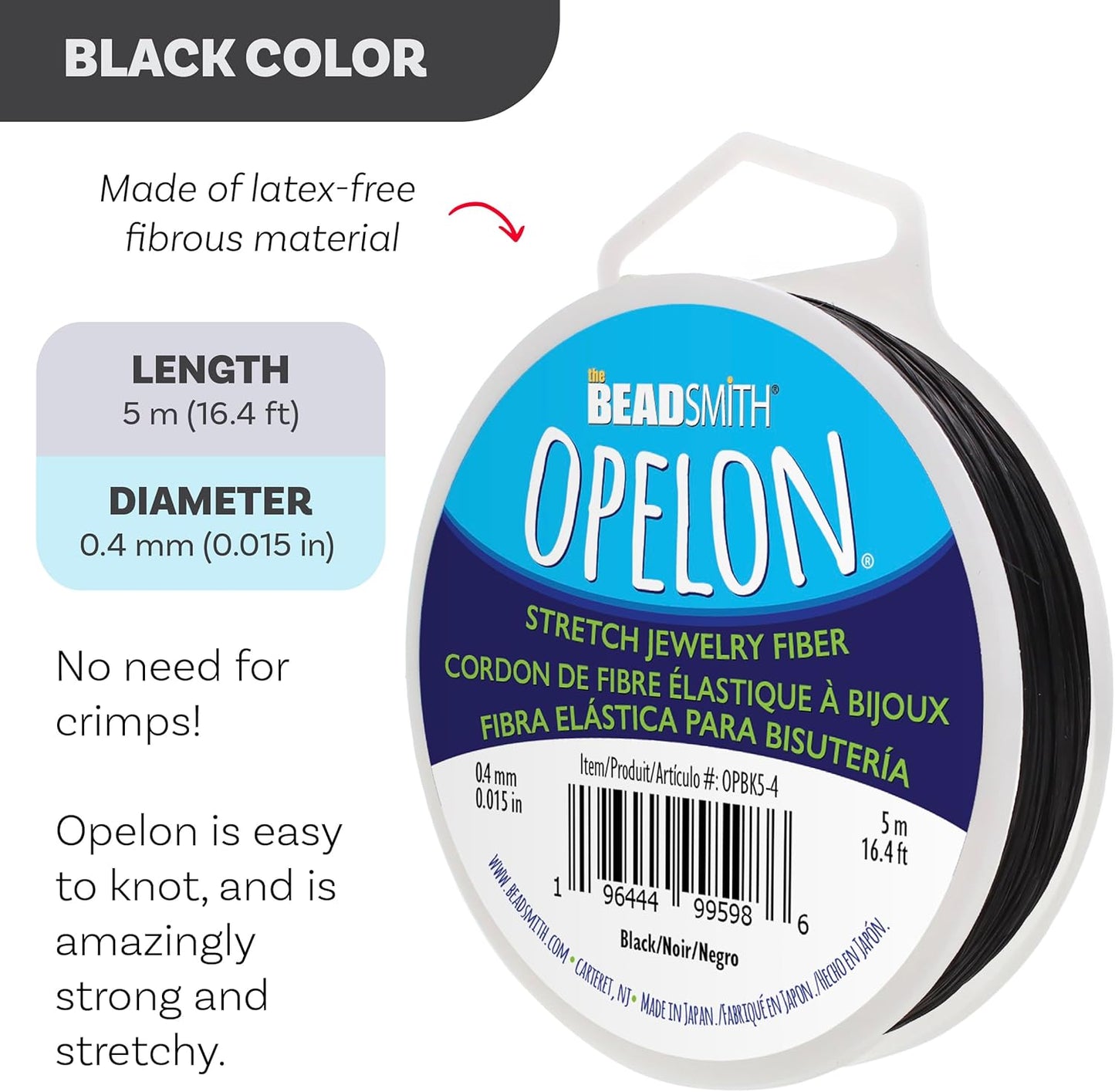 The Beadsmith Opelon Stretch Cord – Elastic Beading Fiber, Black, 0.4 mm Diameter, 5 Meters (16.4 ft) Spool
