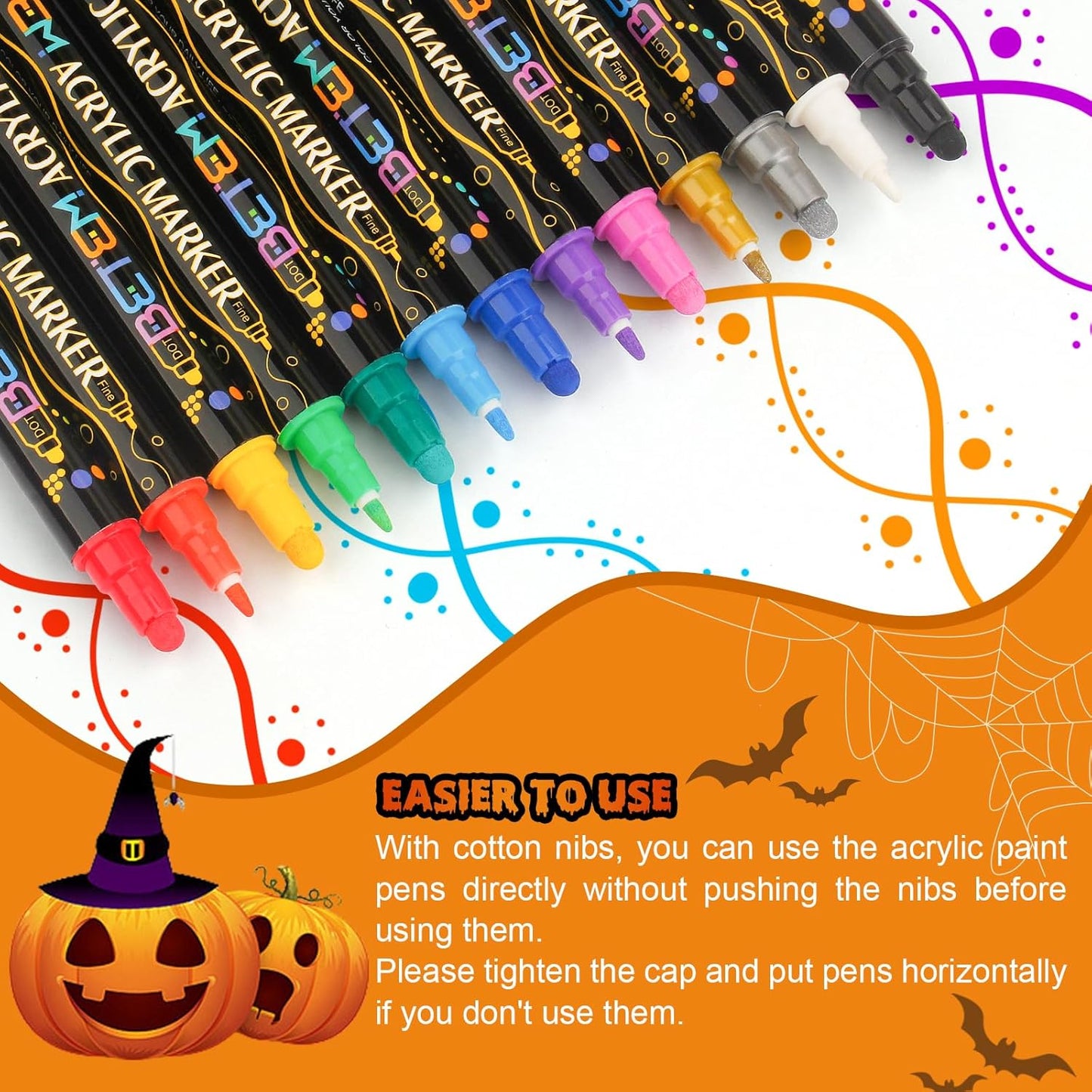 Betem 60 Colors Dual Tip Acrylic Paint Pens Markers, Premium Acrylic Paint Pens for Halloween Decorations, Wood, Canvas, Stone, Rock Painting, Glass, Ceramic Surfaces, Pumpkin Painting Kit DIY Crafts