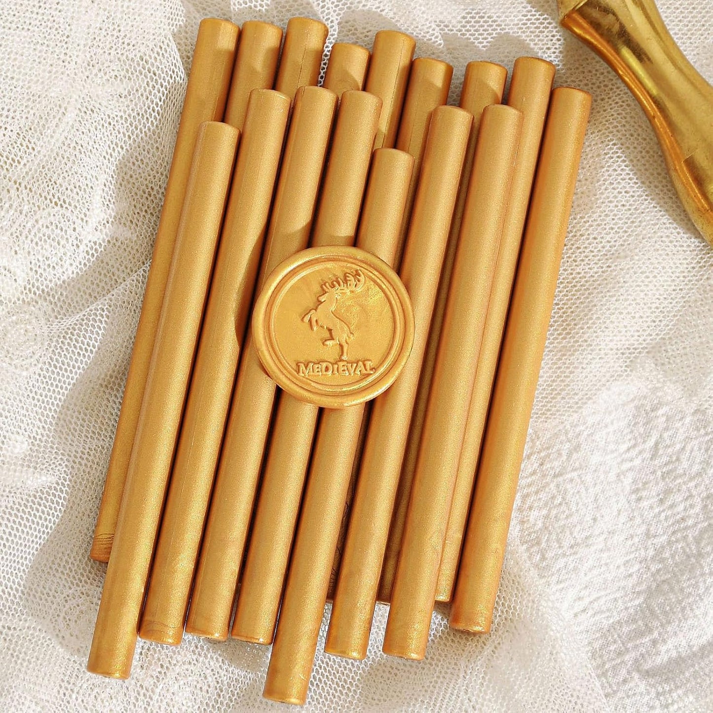 Melting Glue Gun Sealing Wax Sticks for Envelope Thanksgiving Card, Party or Wedding Invitation, Xmas Wrapping,Mini Size, Pack of 16 in Amber Gold