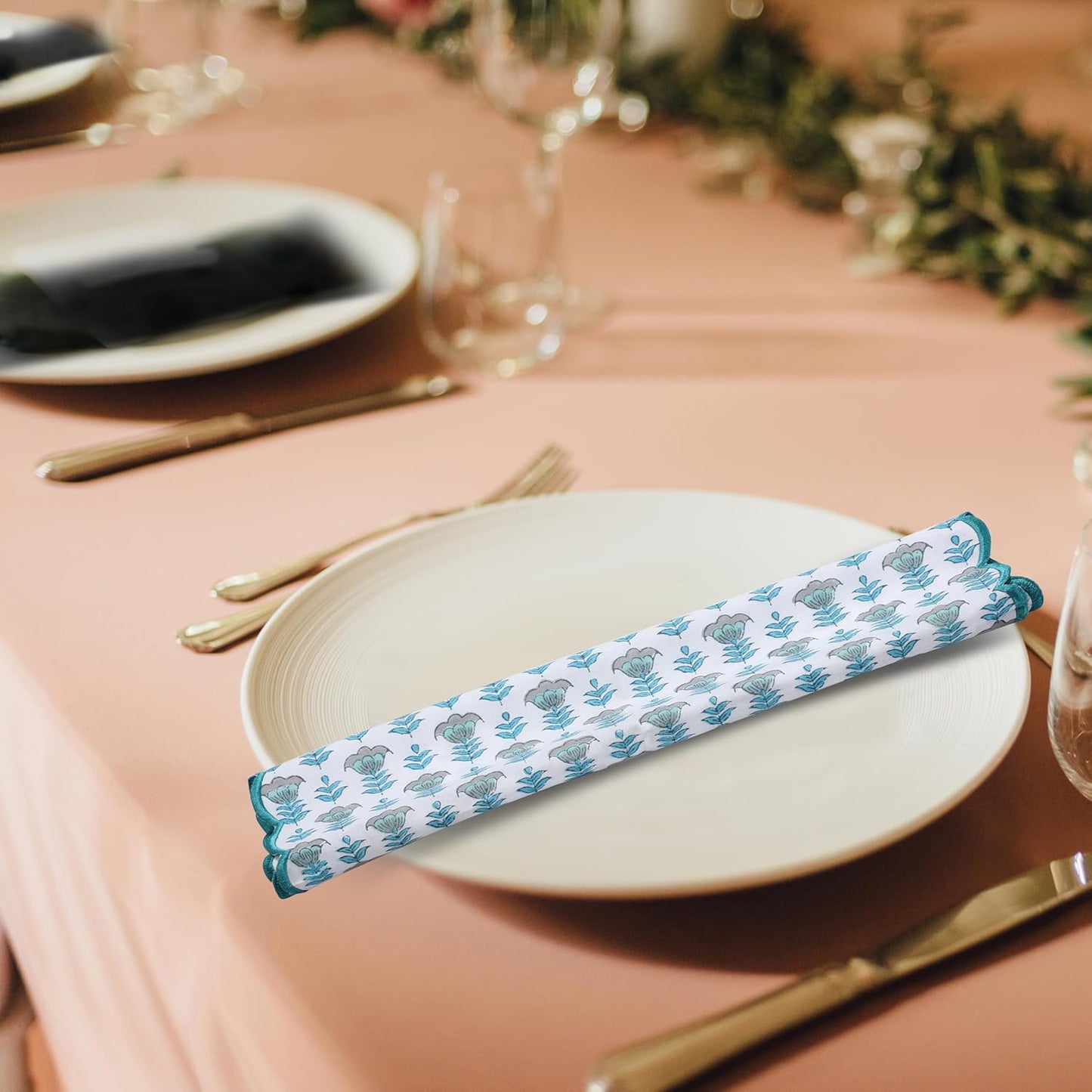 Ridhi Aquamarine Blue Hand Block Print Napkins 18" x 18" Set of 4 Reusable Cotton Dinner Napkins for Weddings, Parties & Everyday Dining, Thanksgiving, Christmas, Fall