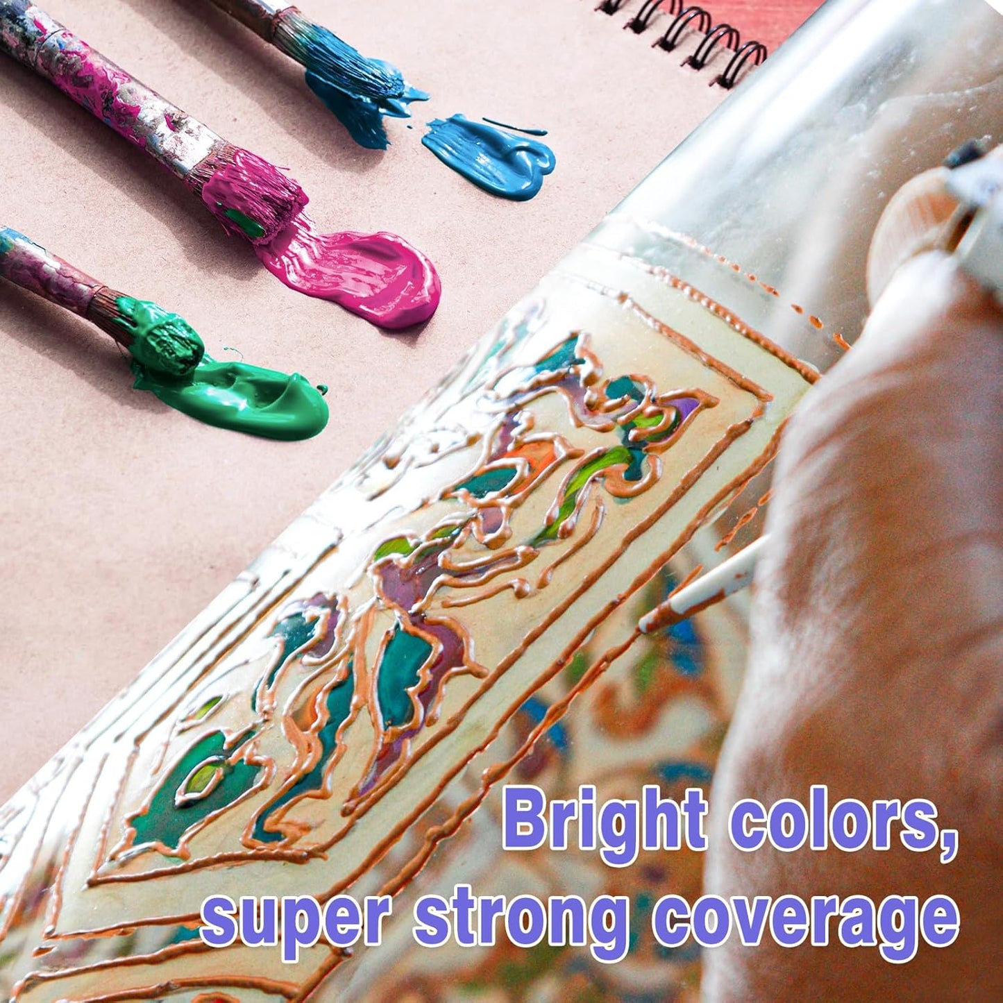 Colorful Stain Glass Paint Set with 6 Brushes, 1 Palette, 24 Color Waterproof Acrylic Enamel Painting Kit for Kids to Arts on Transparent Wine Glasses, Light Bulbs, Windows and Ceramics