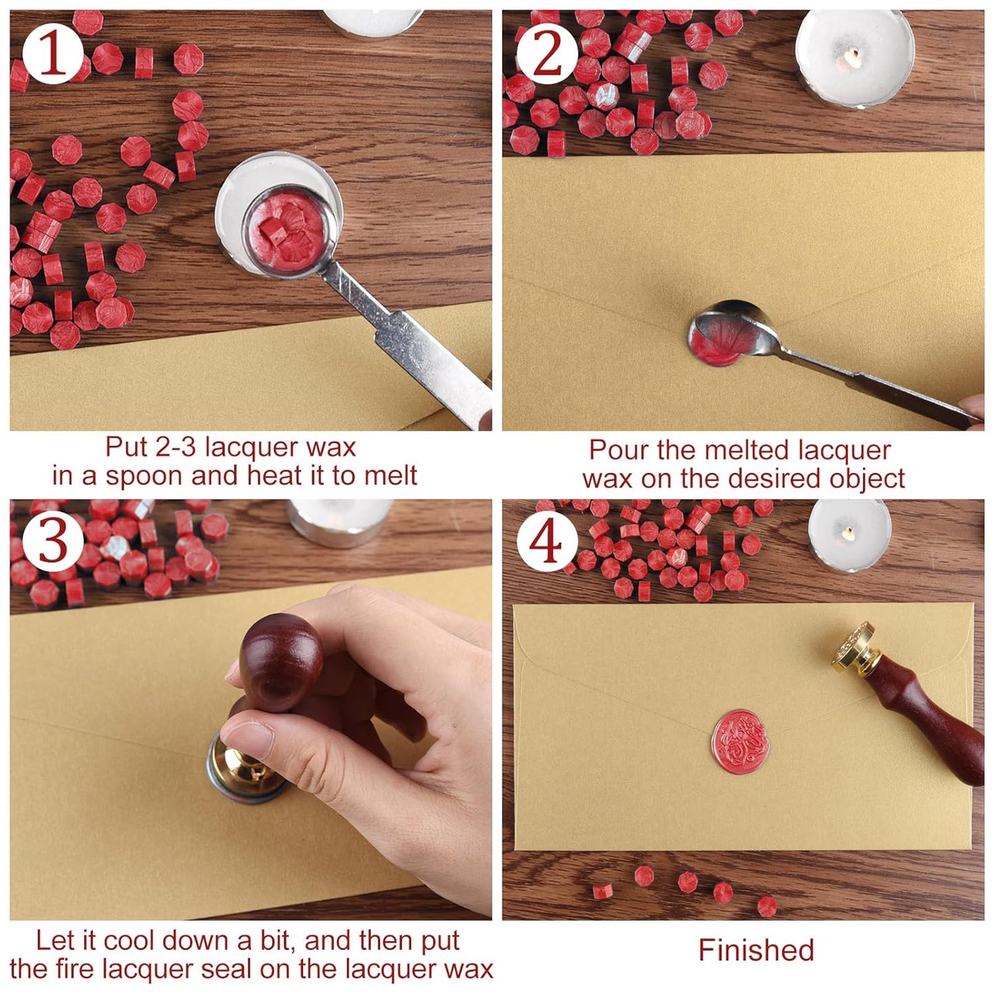 500 Pcs Dark Gold Octagon Wax Seal Beads Kit with 4 Pcs Tea Candles 1 Pc Melting Spoon for DIY Crafts Letters Wedding Wine Bottle Sealing