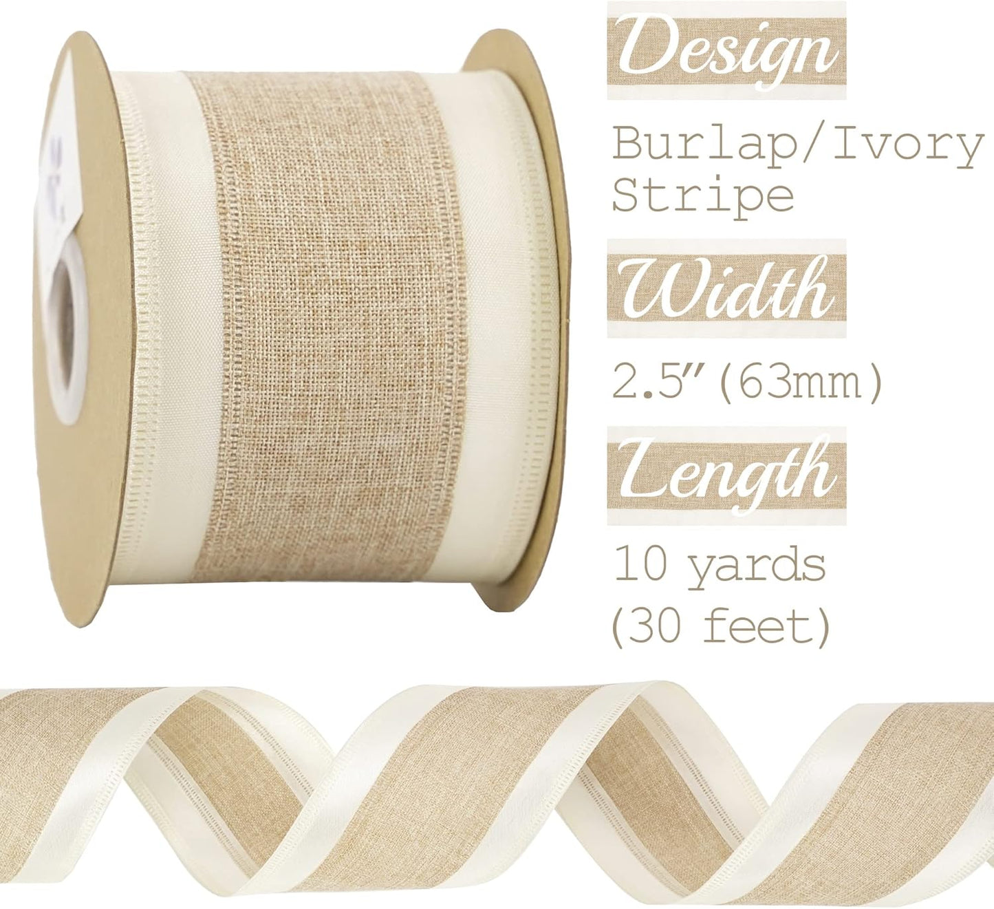 MEEDEE Burlap Wired Ribbon with Satin Edge - White Stripe, 2.5 Inch, 10 Yards for Wreath, Garland, Topper, Bow Making, Fall, Christmas, Wedding Decorations