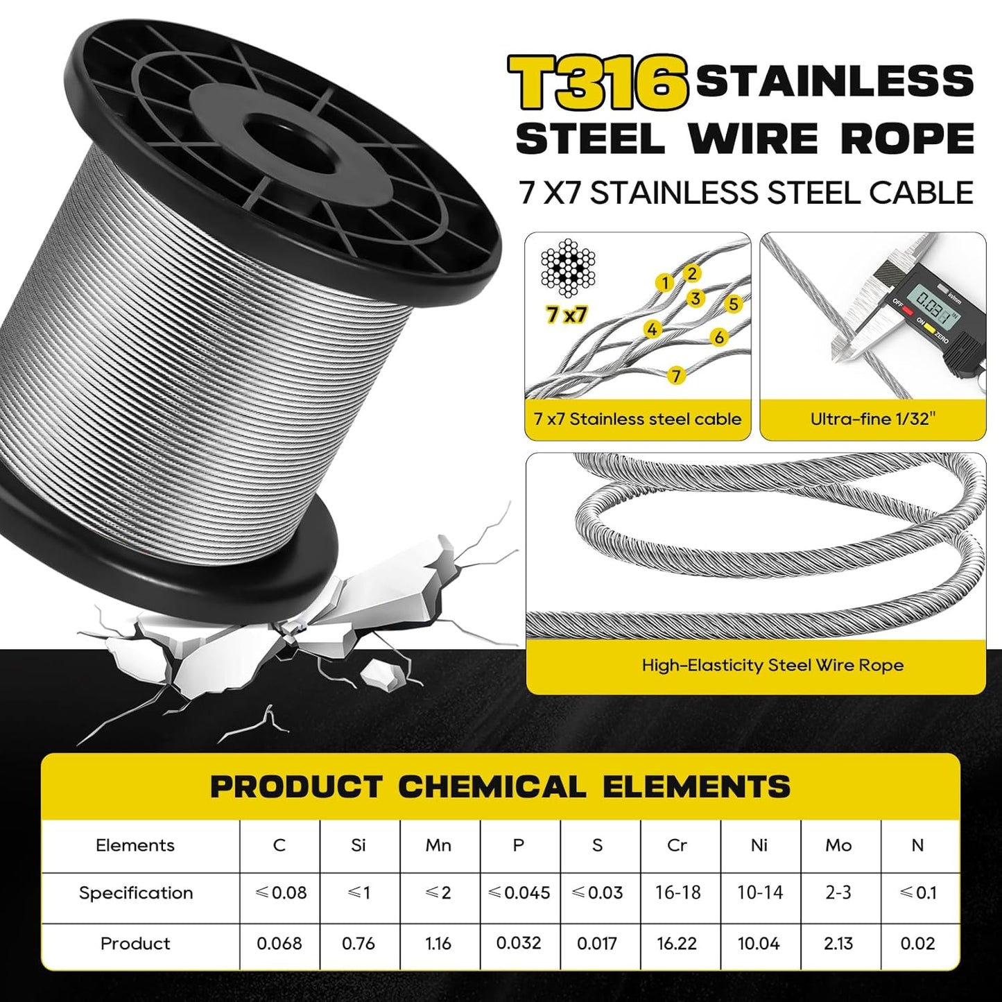 316 Stainless Steel Cable, 600FT 1/32IN Wire Rope 7 * 7 Strand with 150Pcs Aluminum Sleeves Stops, Guide Wire for Outdoor String Lights for String Lights Hanging, Clotheslines, Trellis (600FT)