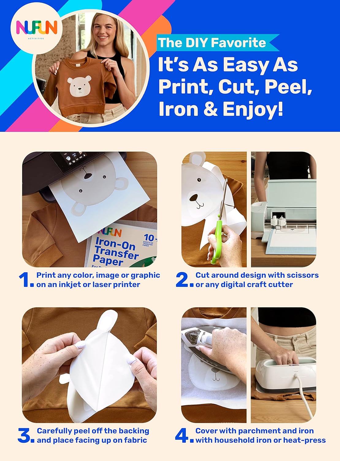 NuFun Activities Printable Iron-on Heat Transfer Paper for T Shirts, Dark Fabrics, 5 Sheets 8.5 x 11 inch, Long Lasting, Durable, Professional Quality, Easy DIY, Non-Toxic, Made In the USA