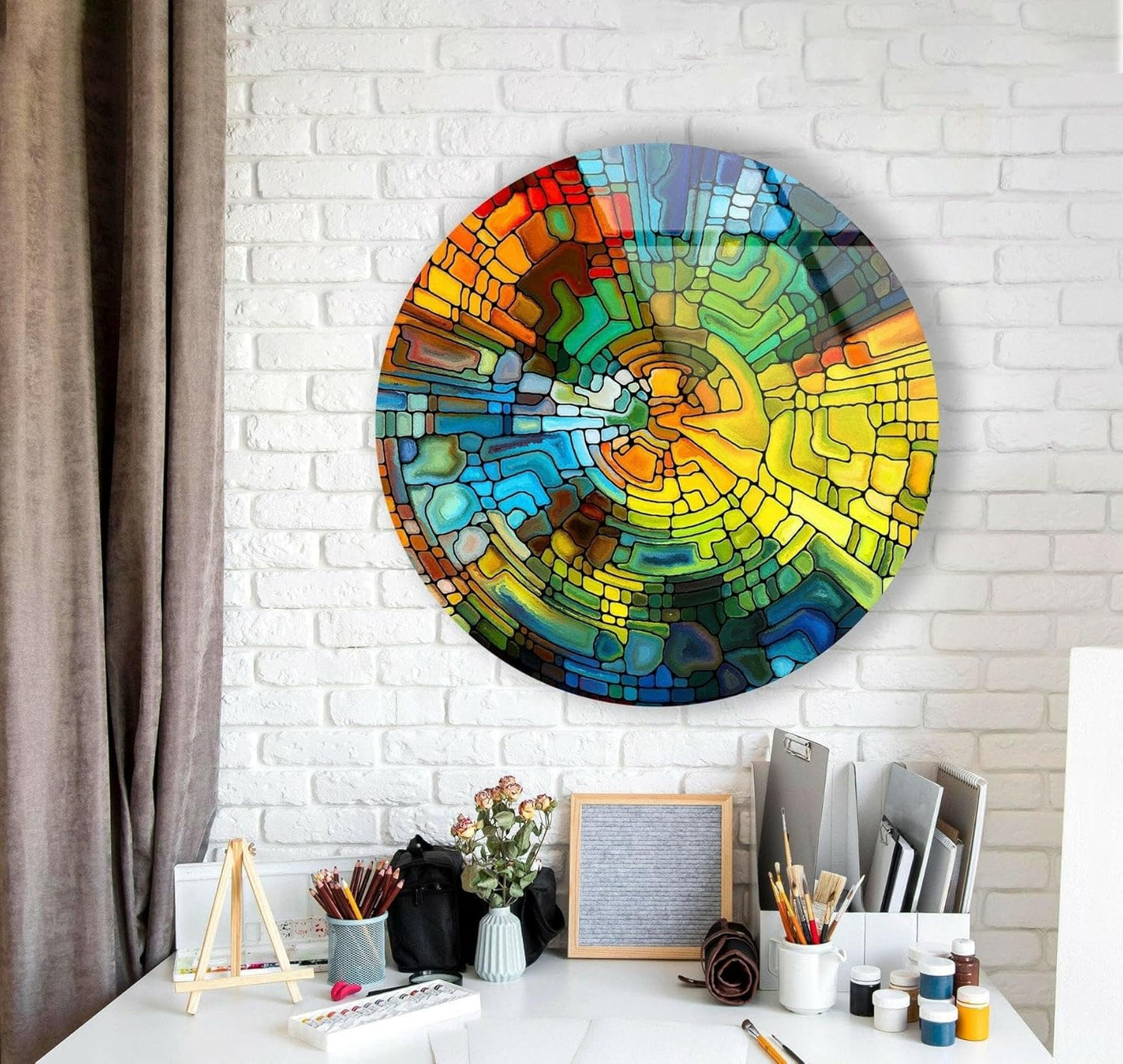 My Photostation.com 24''(60cm) Diameter Stained Yellow Round Glass Wall Art Tempered Glass Printing Wall Decor Large Wall Art Wall Hangings