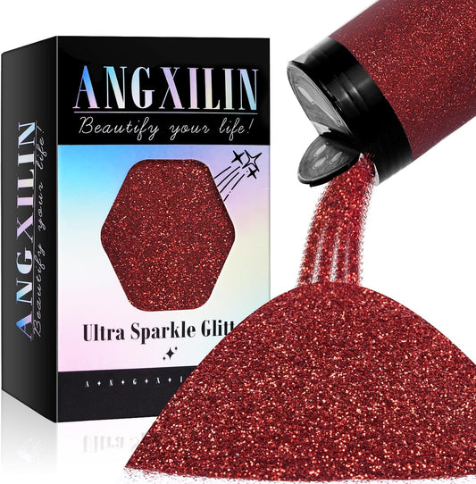 High Capacity 260g Shaker Bottle Package Metalic Fine Glitter,ANGXILIN Fine Glitter for Tumbler Jewelry Making,Epoxy Resin DIY Craft,Face Body Nail Art Fine Glitter (Chinese red)