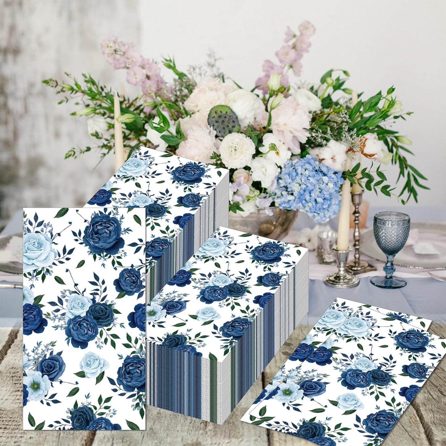 60 Pack 3 Styles Floral Napkins-Blue Party Supplies Vintage Flower Paper Napkins Tea Party Decorations for Birthday,Baby Shower, 12.9 * 15.7 inch