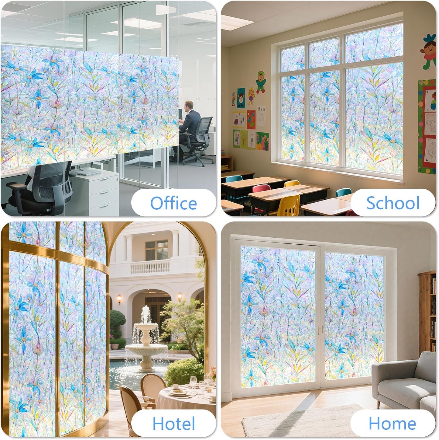 FINNEZ Window Privacy Film Stain Glass Film Flowers Rainbow Window Film Window Clings Non-Adhesive Reusable Decorative for Home（Blue Lotus，35.4 Inch x 6.5 Feet）
