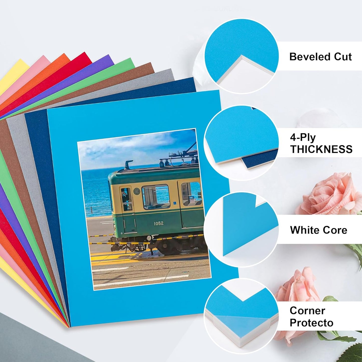 HOTUO 10 Pack 11x14 Mixed Colors Picture Mats, 4 Ply Thickness Frame Mattes for 8x10 Photo, Photo Mat with Core Bevel Cut, for Frames/Artwork/Print/Pictur(with V-Groove)